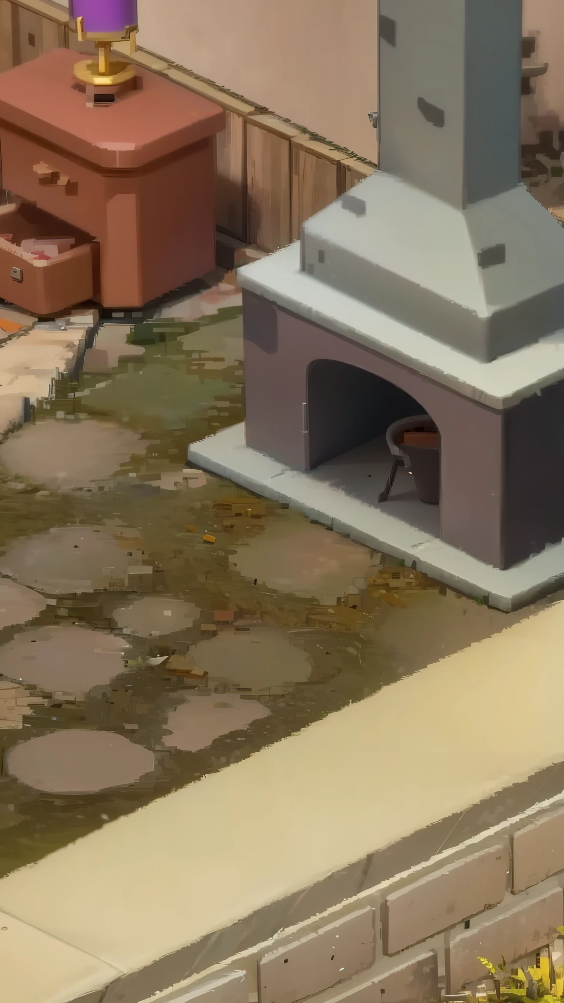 There is a small oven on the ground,Next to it is a suitcase, ingame image, fake hidden detail, random detail, town background, epic level of detail, unreal detail, game screenshot, hyper detailed scene, extremely high level of detail, epic detail, in-game, in - game, game screenshot,cool tones,Illustration standing drawing style