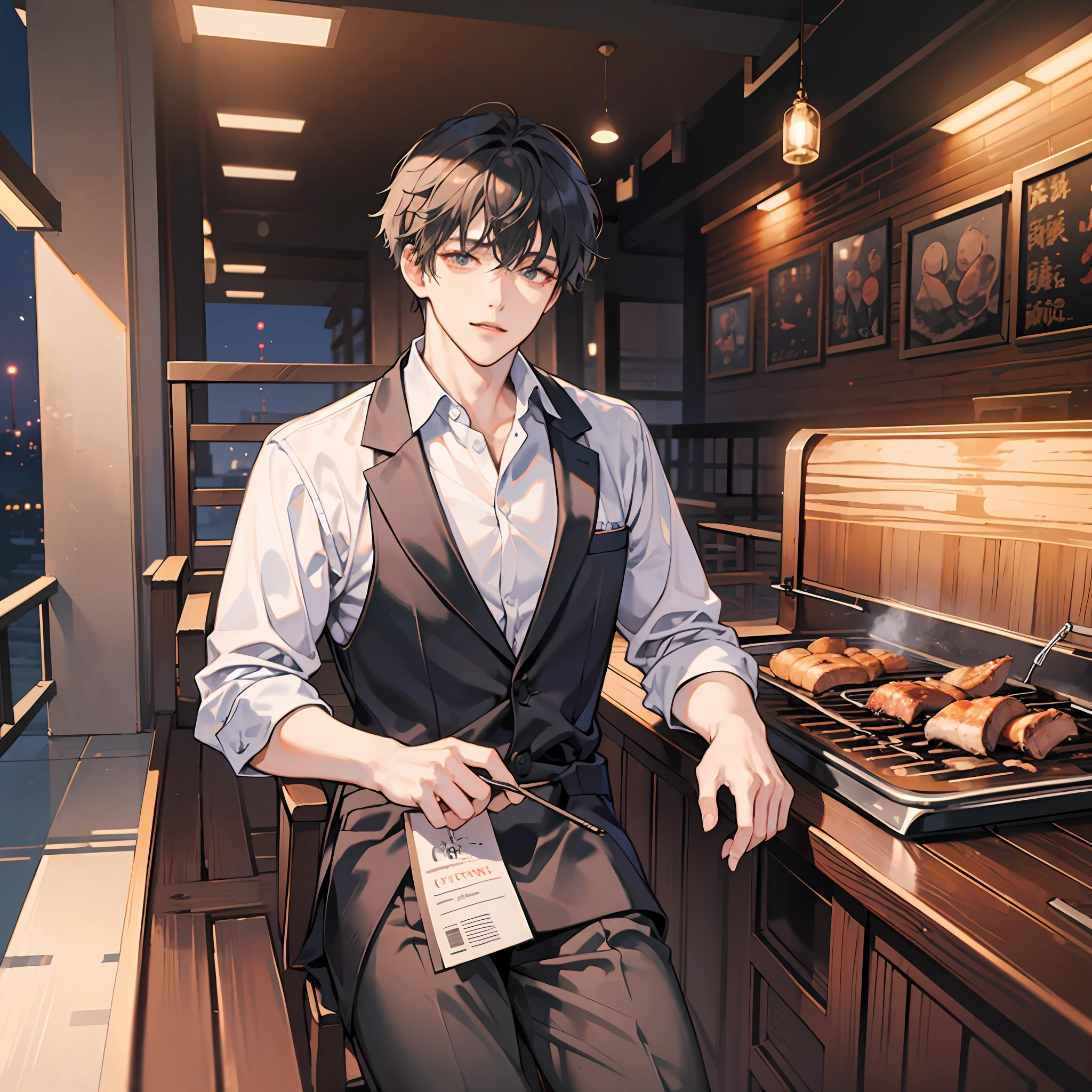 (a handsome man:1.4),Wear a white shirt,Black Short Hair,Refined face,White Skin Skin,(In the barbecue restaurant at night:1.4),8K高清,Stunning view,master masterpiece-high quality image,Refinement(FULLBODY:1.4)