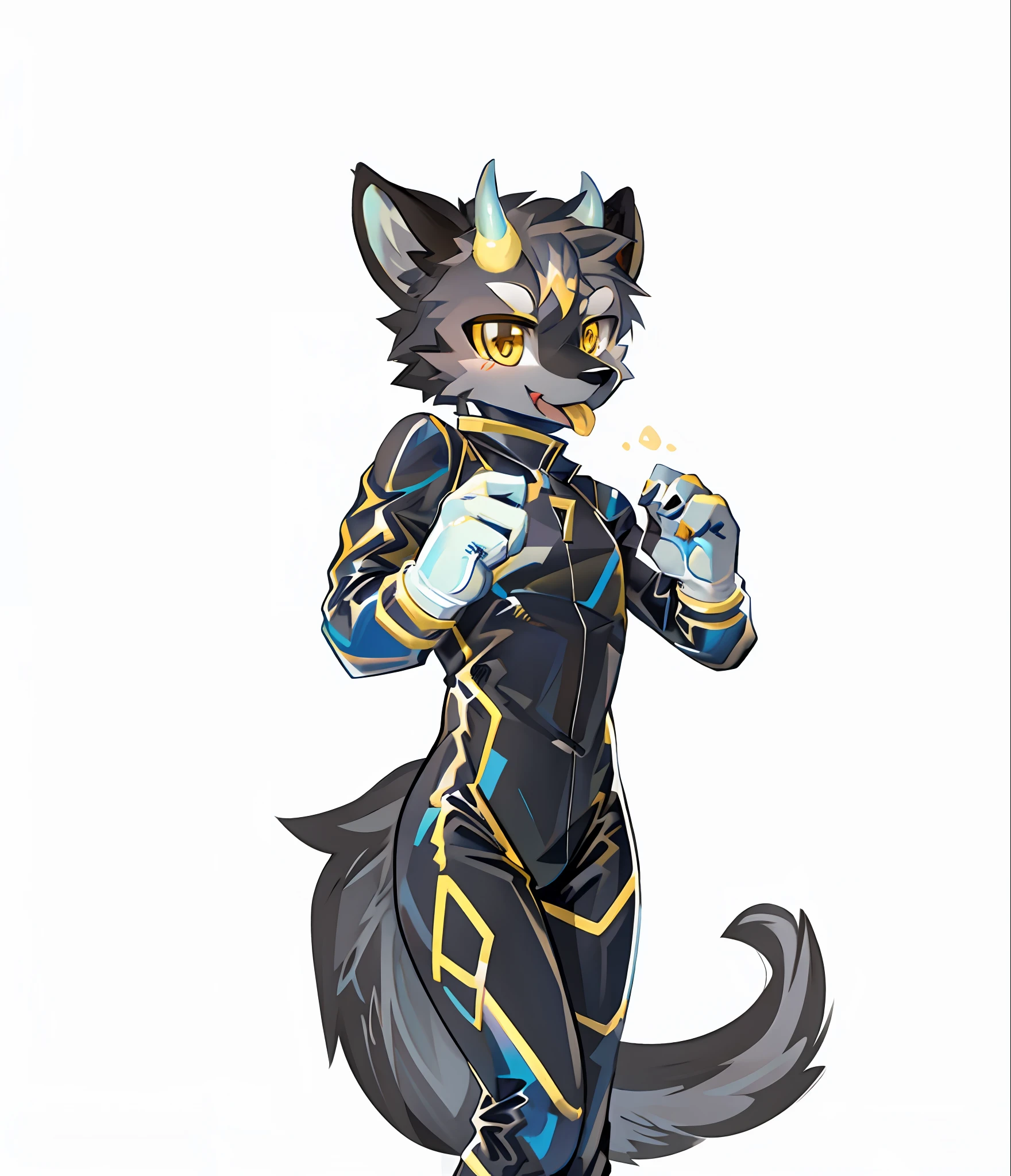 Close-up of a wolf dressed in black and blue, furaffinity commission, Anthropomorphic wolf ninja, , commission for high resolution, furaffinity fursona, furry furaffinity, commission on furaffinity, Sora as a wolf, fursona commission, professional furry drawing, ，wolves，fursona furry art commission，Latex clothing，Latex combat suit，fighting clothes，Smooth combat suit reflective，gold eyes，Yellow horns，Tongue Out，Yellow tongue