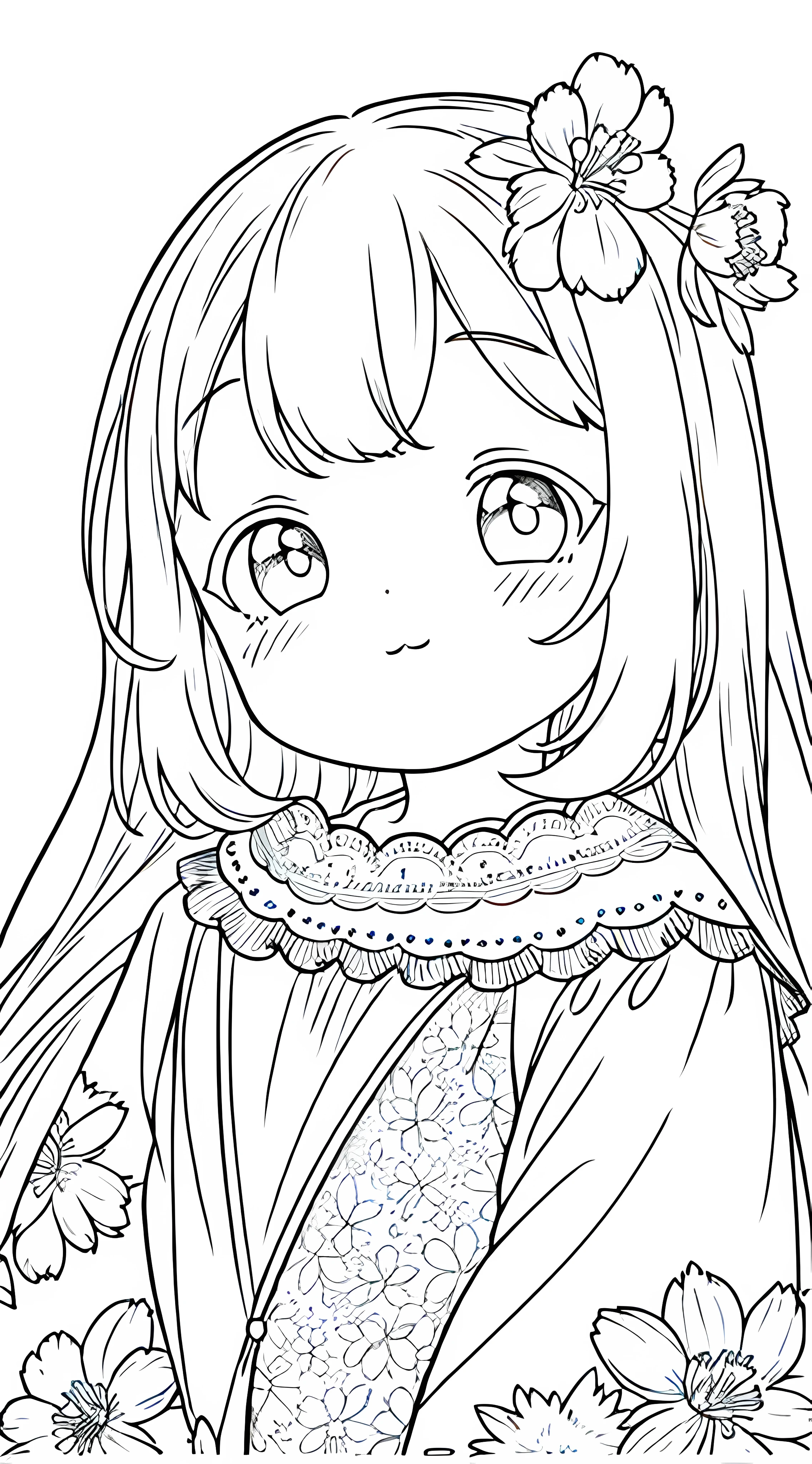Detail face, ((Perfect detail)), Cold light, ((Data in eyes)), ((Data dotted hair)), Line drawing, Monochrome, Line drawing cute baby, white hair, peach blossom line drawing white background,