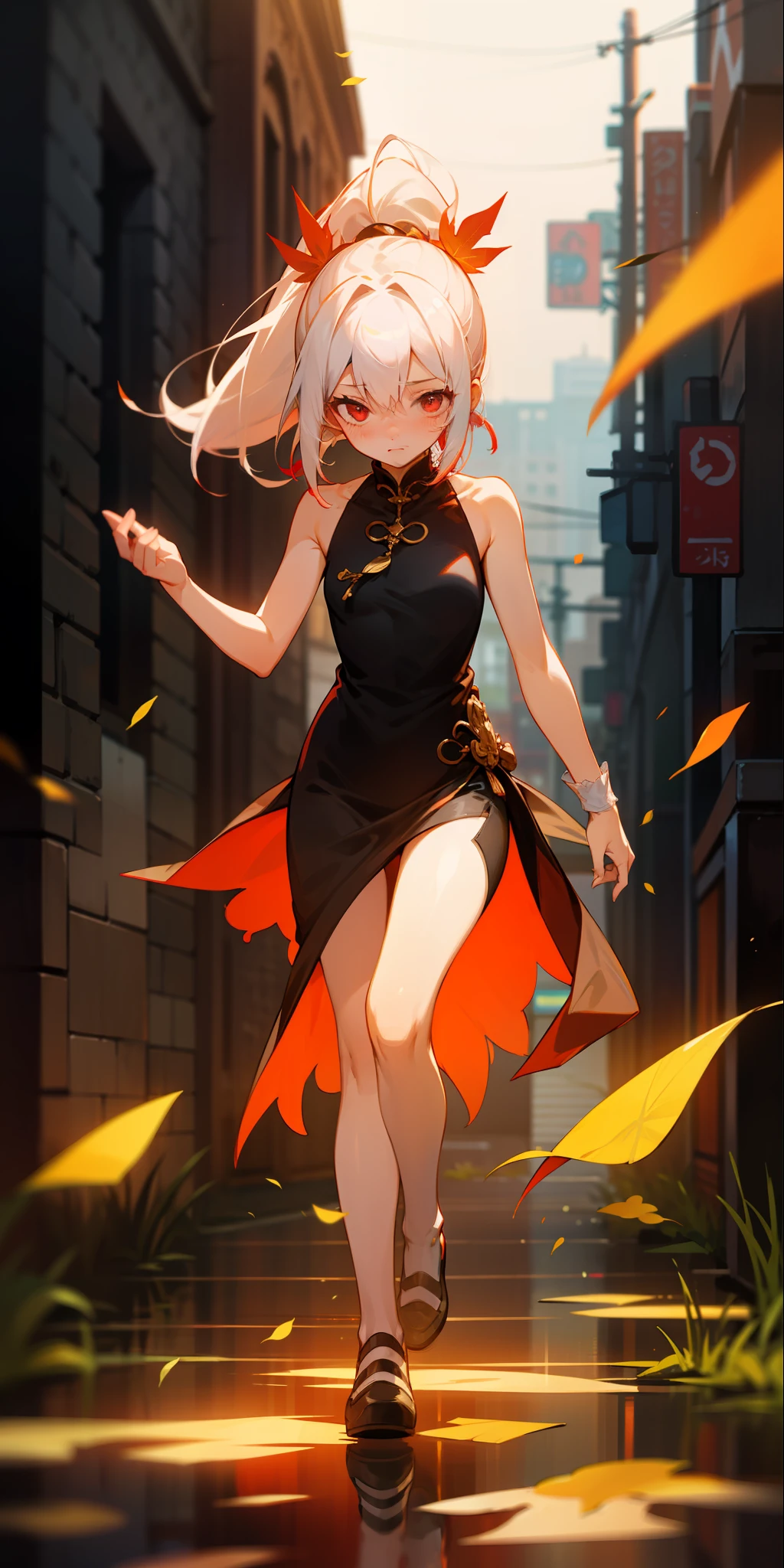 (maximum quality)，(depth offield)，(FULLBODY)，lovely，Rich Detail，(white hair)，Two-dimensional，long ponytail，Light red eyes，Red hair accessories，[blushed]，(Shying)，Sleeveless，open shoulders，the street，leafs falling。