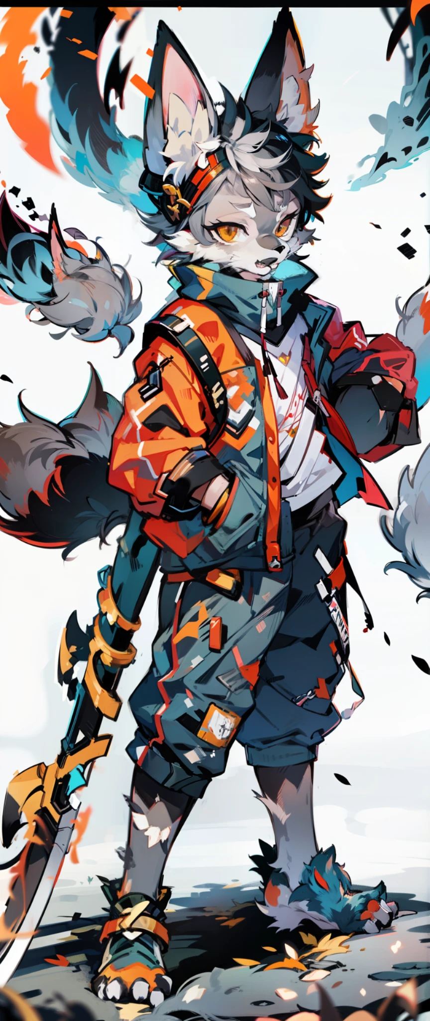 (fluffy anthro furry:1.3), 1girl, solo, furry cat, cat ears, solo, furry, furry male, male focus, anthr, (full body fur, fluffy tail, gray-black fur, brown eyes, gray hair: 1.2), (long canine) anime style gray-black wolf boy battle-hardened trained holding symmetrical long-bladed weapons with two ends full body black silent forest in background