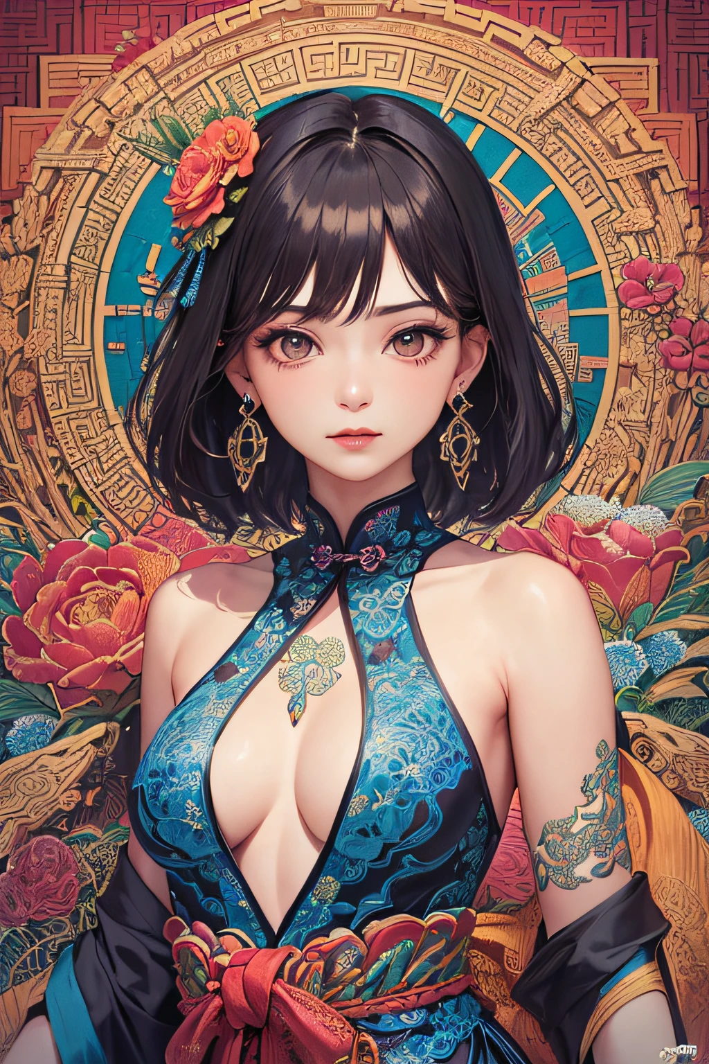 (masterpiece, top quality, best quality, official art, beautiful and aesthetic:1.2), (1girl:1.3), extremely detailed,(fractal art:1.1),(colorful:1.1)(flowers:1.3),highest detailed,(zentangle:1.2), (dynamic pose), (abstract background:1.3), (chinese Traditional cloth:1.2), (shiny skin), (many colors:1.4), ,(earrings:1.4),