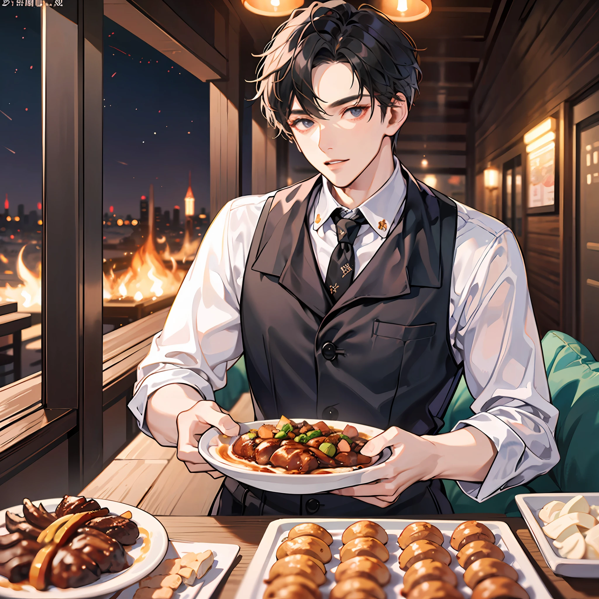 (a handsome man:1.4),Wear a white shirt,Black Short Hair,Refined face,White Skin Skin,(In the barbecue restaurant at night:1.4),8K高清,Stunning view,master masterpiece-high quality image,Refinement(FULLBODY:1.4)