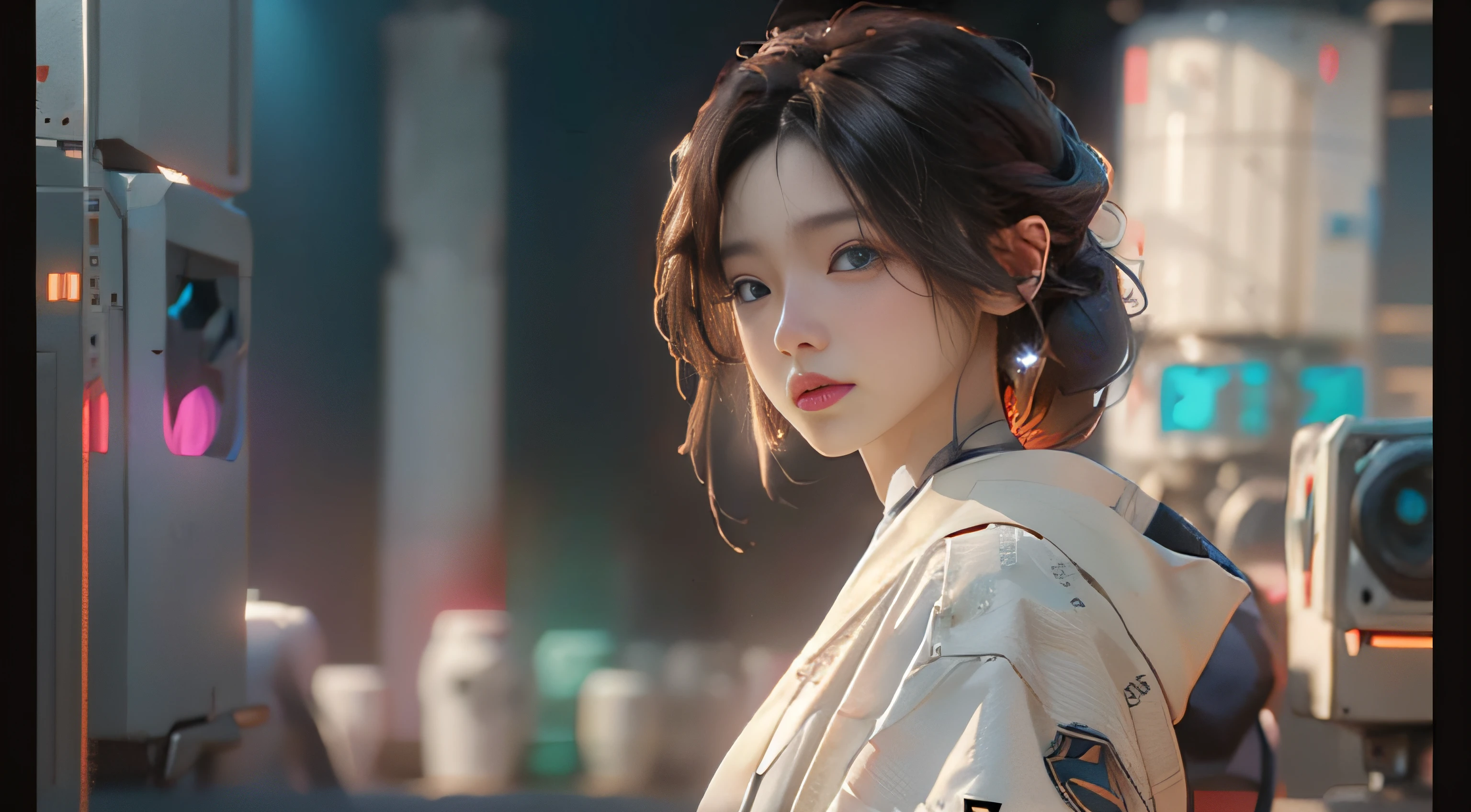 ((best best quality)), ((MasterPiece)), (Detail:1.4), 3D, A beautiful cyberpunk female image,HDR(high dynamic range),raytraced,nvidia rtx,The ultra-Resolution,Unreal 5,Subsurface scattering、pbr texturing、postprocessing、Anisotropic Filtering、depth offield、Maximum Clarity and Clarity、multilayer textures、Albedo and Specular map、Surface coloring、Mitsu-Accurate simulation of material interactions、Perfect Scale、octanerendering、Two-colored light、large aperture、low ISO、white balance、Rule of Thirds、8K RAW、beautiful bright pupils,flowing robe,Fine pupils,Detailed face and eyes,long lashes,Blushlush,voluminous hair,Tender red lips