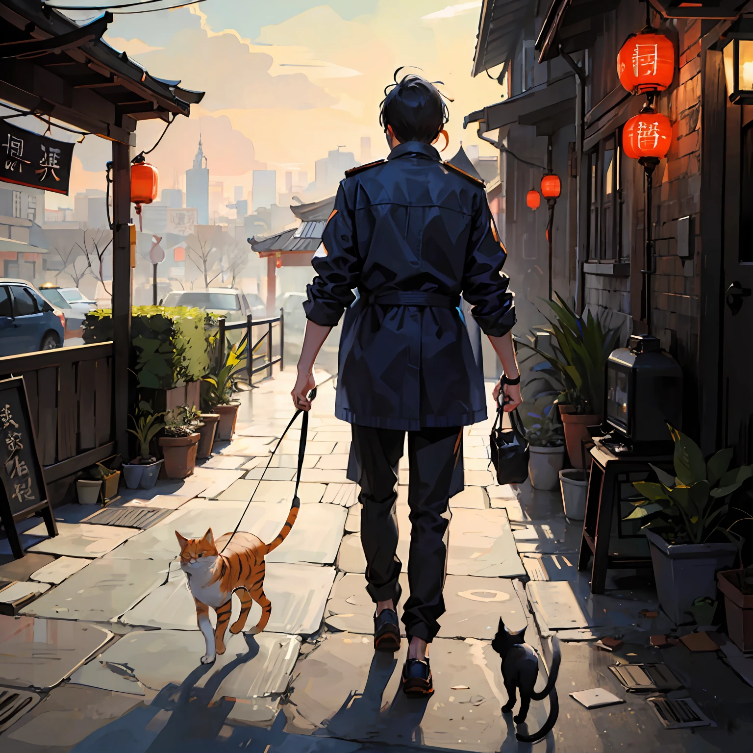 Dark blue dominates a boy walking towards dawn accompanied by two orange cats，Persist with Chinese calligraphy format"，Stay true to your heart" --auto
