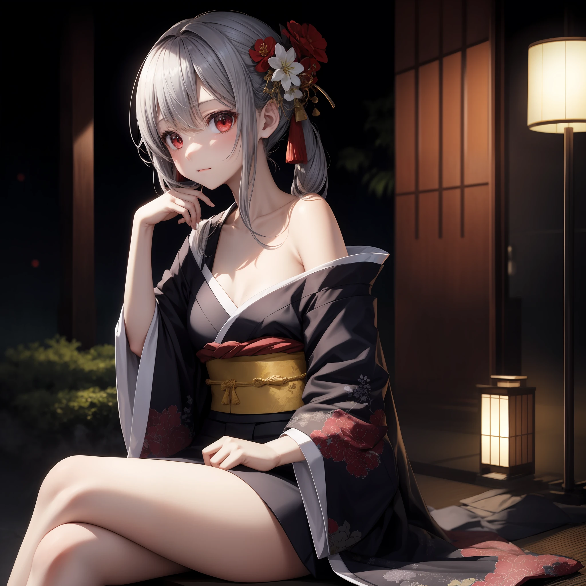 the anime、女の子 1 人、Gray Hair、Red Eyes、Kamimei、Red Face、kyoto、month、kimono ,、off shoulders、Sitting、solo、
