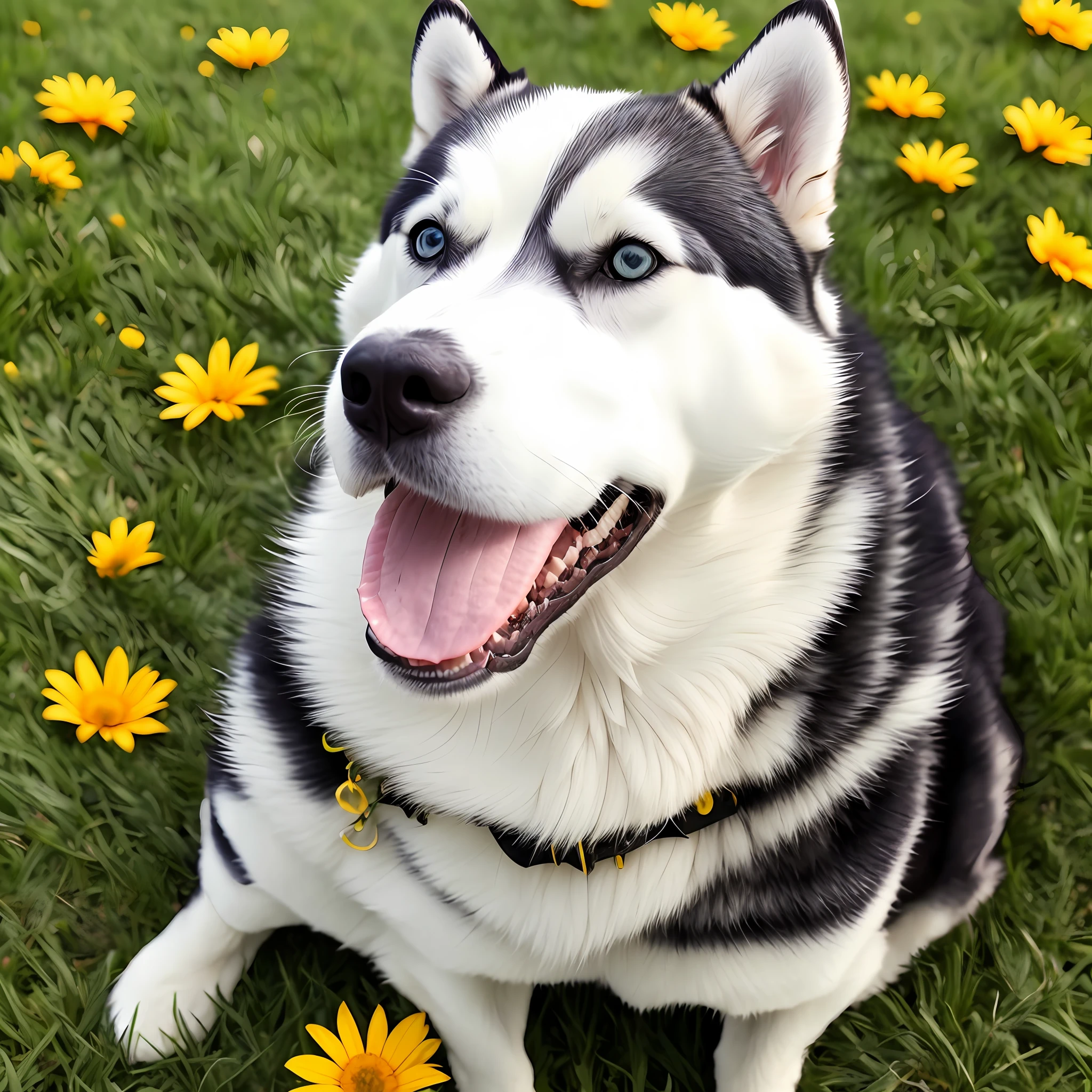 Husky dog with flowers on his chest sitting on the grass, husky dog, husky, siberian husky, happily smiling at the camera, happy dog, joyful smirk, happy and beautiful, she has white eyes!!!, really good looking face!!