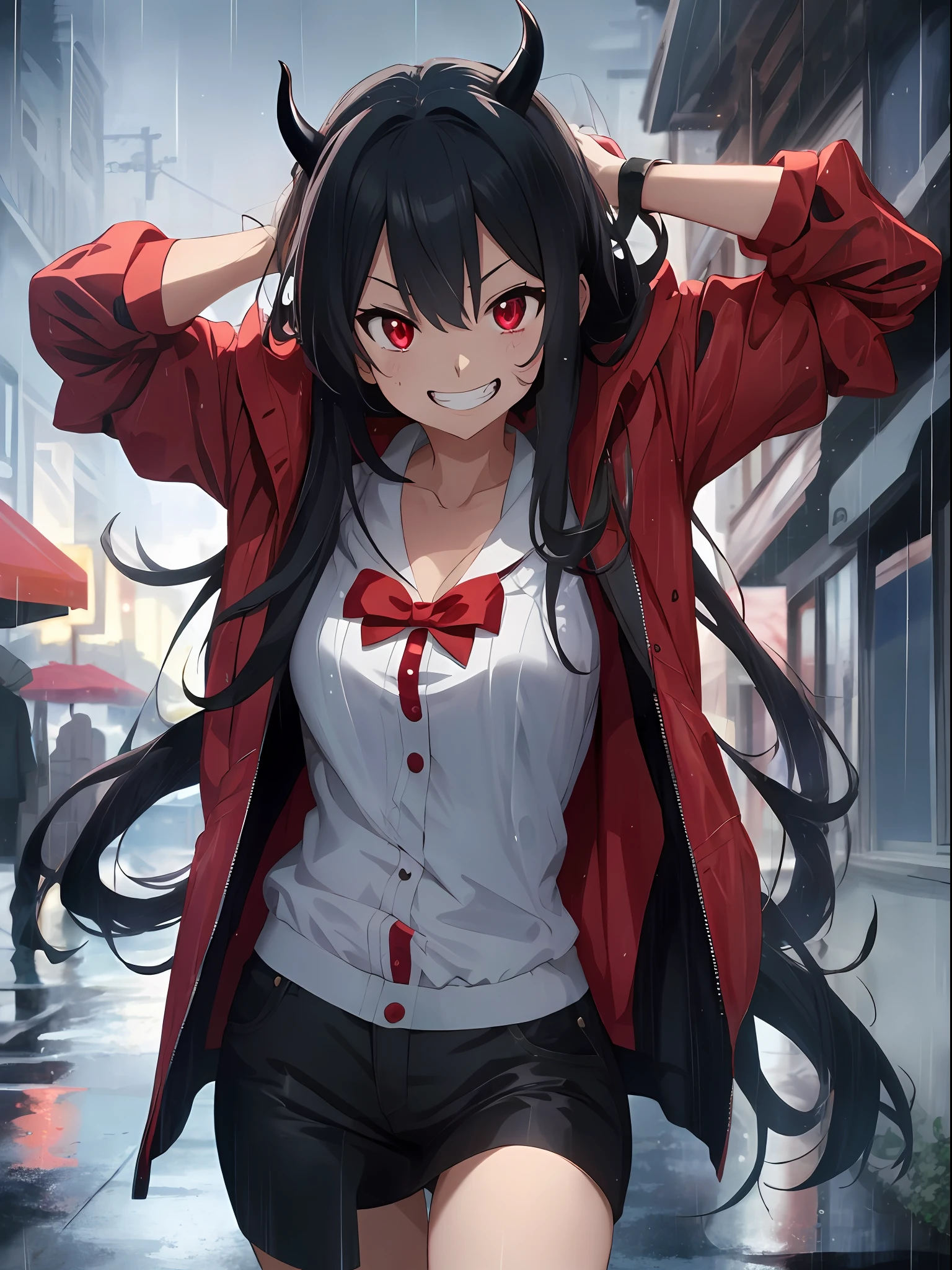 anime character with long black hair and a red jacket in the rain, grinning lasciviously, handsome guy in demon slayer art, l vampire, [[[[grinning evily]]]], evil grin, alucard, demon slayer rui fanart, epic anime style, detailed anime character art, male vampire of clan banu haqim, cunning smile