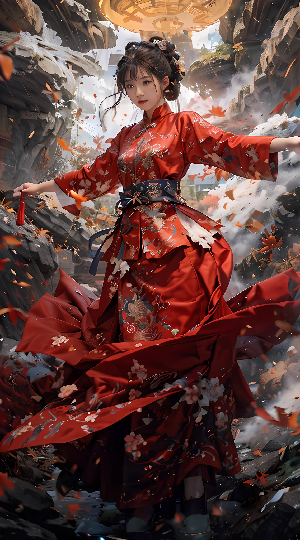 RAW photo of，best best quality，master masterpiece，extra high resolution，（PhotoRealistic：1.4），anime posters，1只手拿着一把大长刀，two hands，Wear gorgeous dresses，wavy，Traditional Chinese ink style，Girl Dragon Slayer，The main color is blue and white powder ink，dynamic motion，dynamicpose，moto，FULLBODY：：1 油画环境艺术电影中的惊人矢量， dioramas， Complicated Detail， solo， piece dress， floating_hair