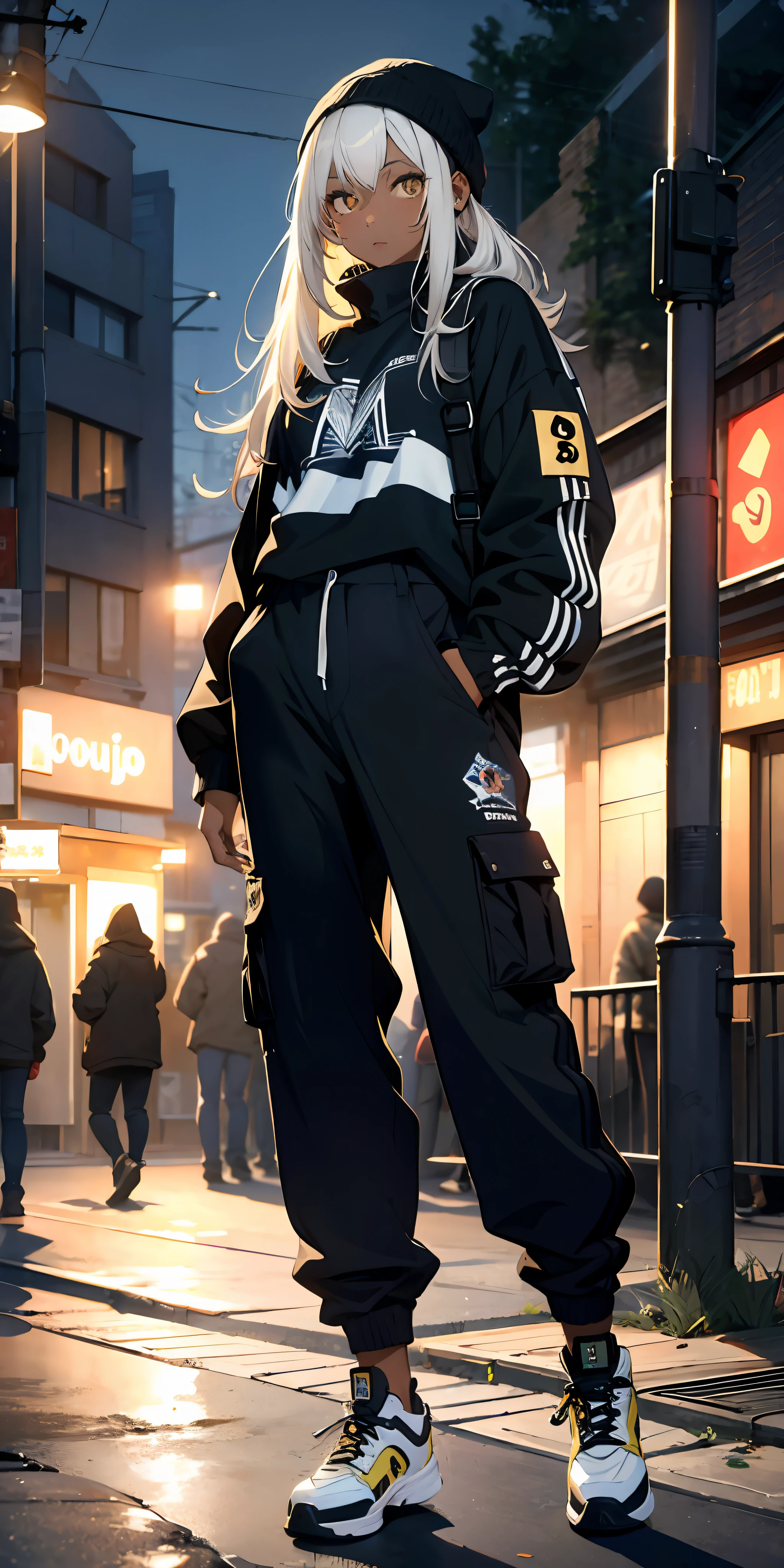 (masterpiece:1.4), 1girl, Streetwear,cargo pants, street, (masterpiece, best quality, highres, ultra detailed ), night, depth of field, absurdres, (masterpiece:1.4), ultra-detailed, 1girl, dark-skinned, stand up, black and yellow, long black wildly hair with white streaks