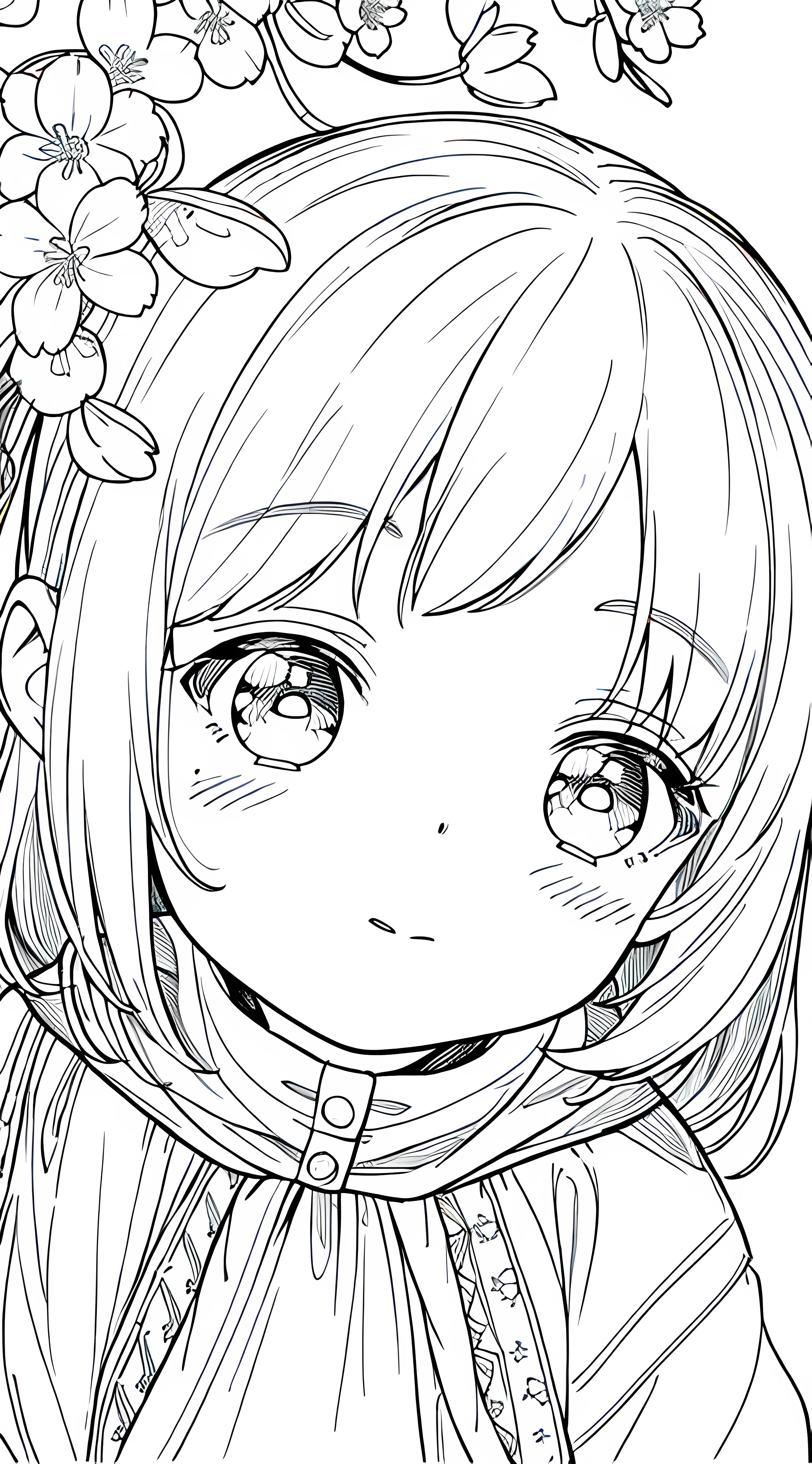 Detail face, ((Perfect detail)), Cold light, ((Data in eyes)), ((Data embellishment hair)), Line drawing, Monochrome, Line drawing cute , white hair, cherry blossom line drawing white background,