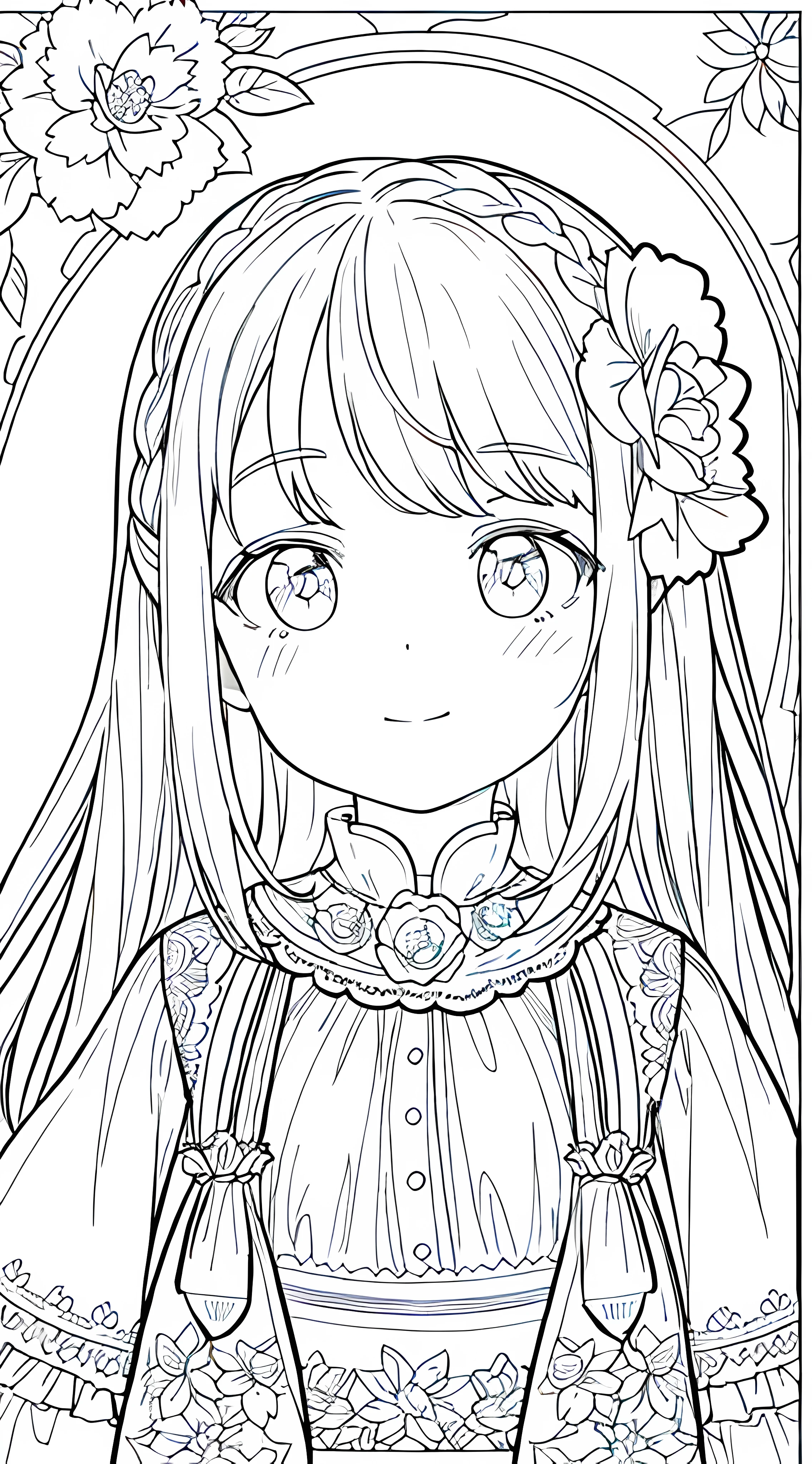Detail face, ((Perfect details)), Cold light, ((Data in eyes)), ((Data embellishment hair)), Line drawing, Monochrome, Line drawing cute , white hair, camellia line drawing white background,