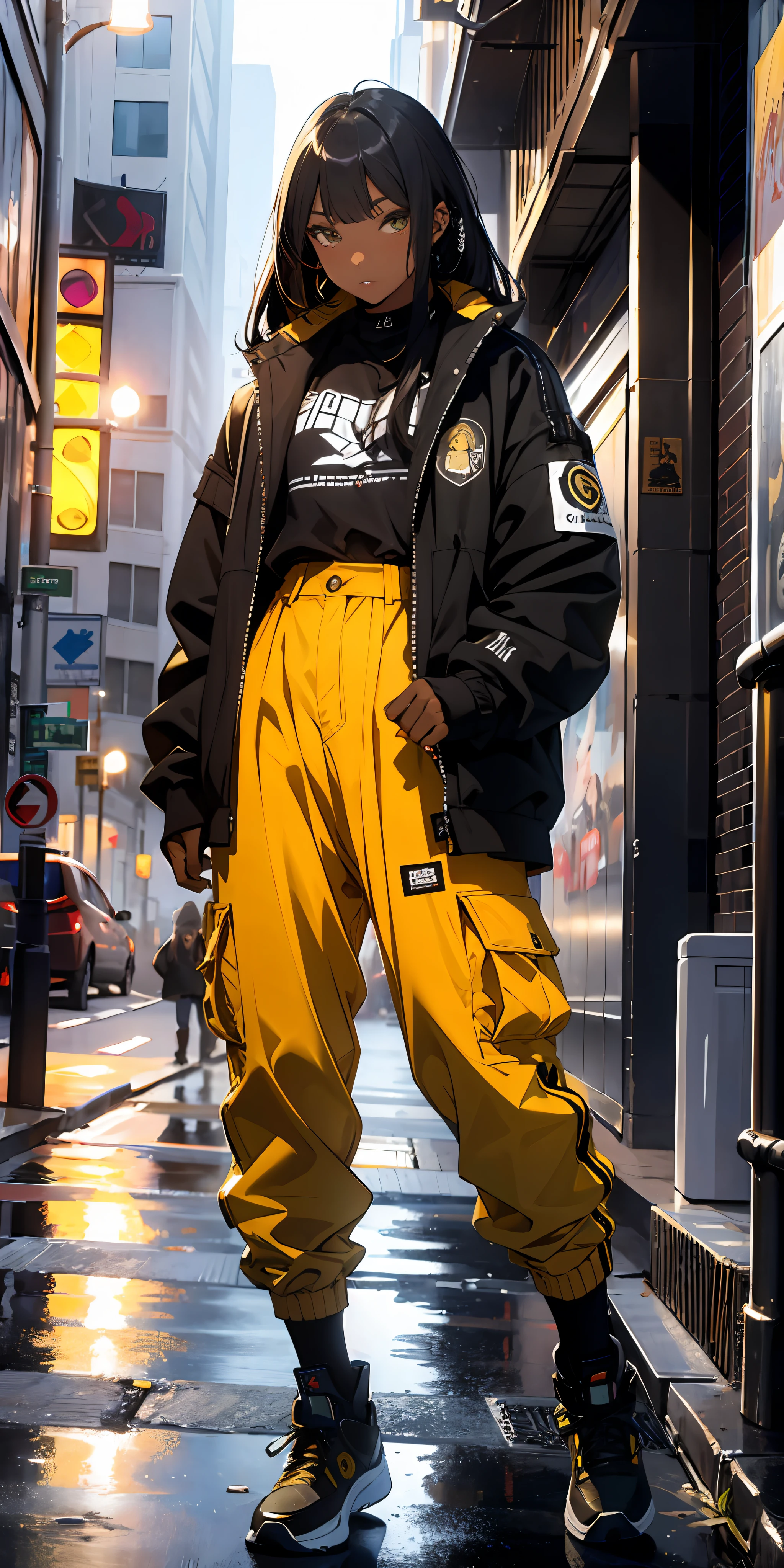 (masterpiece:1.4), 1girl, Streetwear,cargo pants, street, (masterpiece, best quality, highres, ultra detailed ), night, depth of field, absurdres, (masterpiece:1.4), ultra-detailed, 1girl, dark-skinned, stand up, black and yellow, long black wildly hair with white streaks