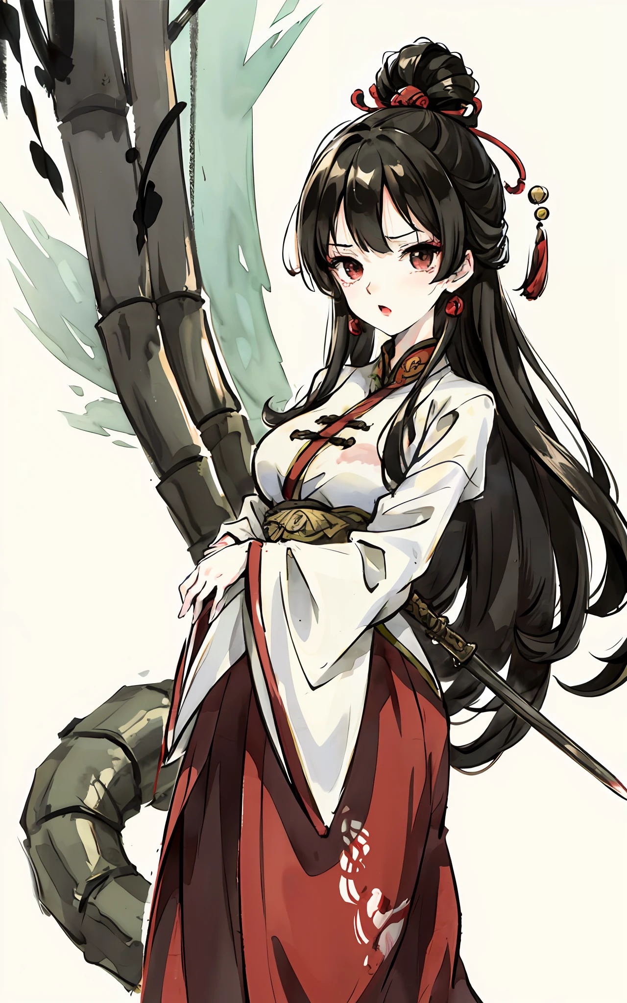 shukezouma, Shuimobysim, Stern woman, A stern look, Woman in Hanfu, willow branches, (masterpiece, Best Quality: 1.2), ((Traditional Chinese ink painting)), Model Style, aggressive, (anger), looks at the enemy, Holding a sword, Dressed in hanfu, Hanfu, bamboo branches, bamboo, wuchangshuo, waves, blood, Waves of blood from the sword, Sword in Blood