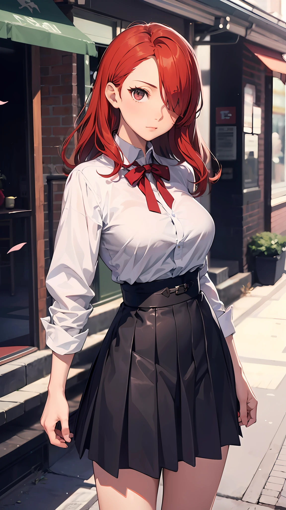 Solo, 1girl, Mature female, Milf, Mitsuru Kirijou, persona 3, red head, hair over one eye, white shirt long sleeves, black skirt, pleated skirt, cynical stare