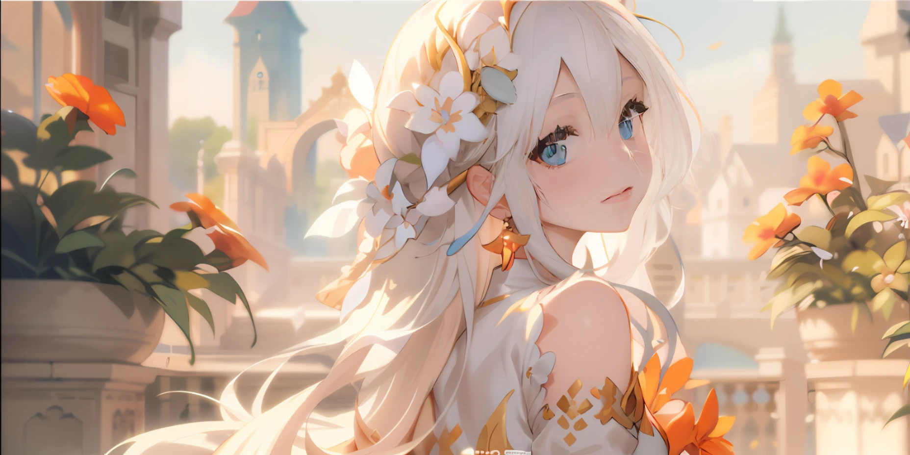 In front of the castle there is an anime girl with long white hair and blue eyes, intricate ornate anime cgi style, trending on artstation pixiv, anime visual of a cute girl, ayaka genshin impact, kawacy, Guwiz, beautiful fantasy anime, Beautiful Anime Artwork, beautiful anime art, genshin, Warmth, cured, a beautiful anime portrait, artgerm and atey ghailan, guangjiao, MasterPiece, best best quality