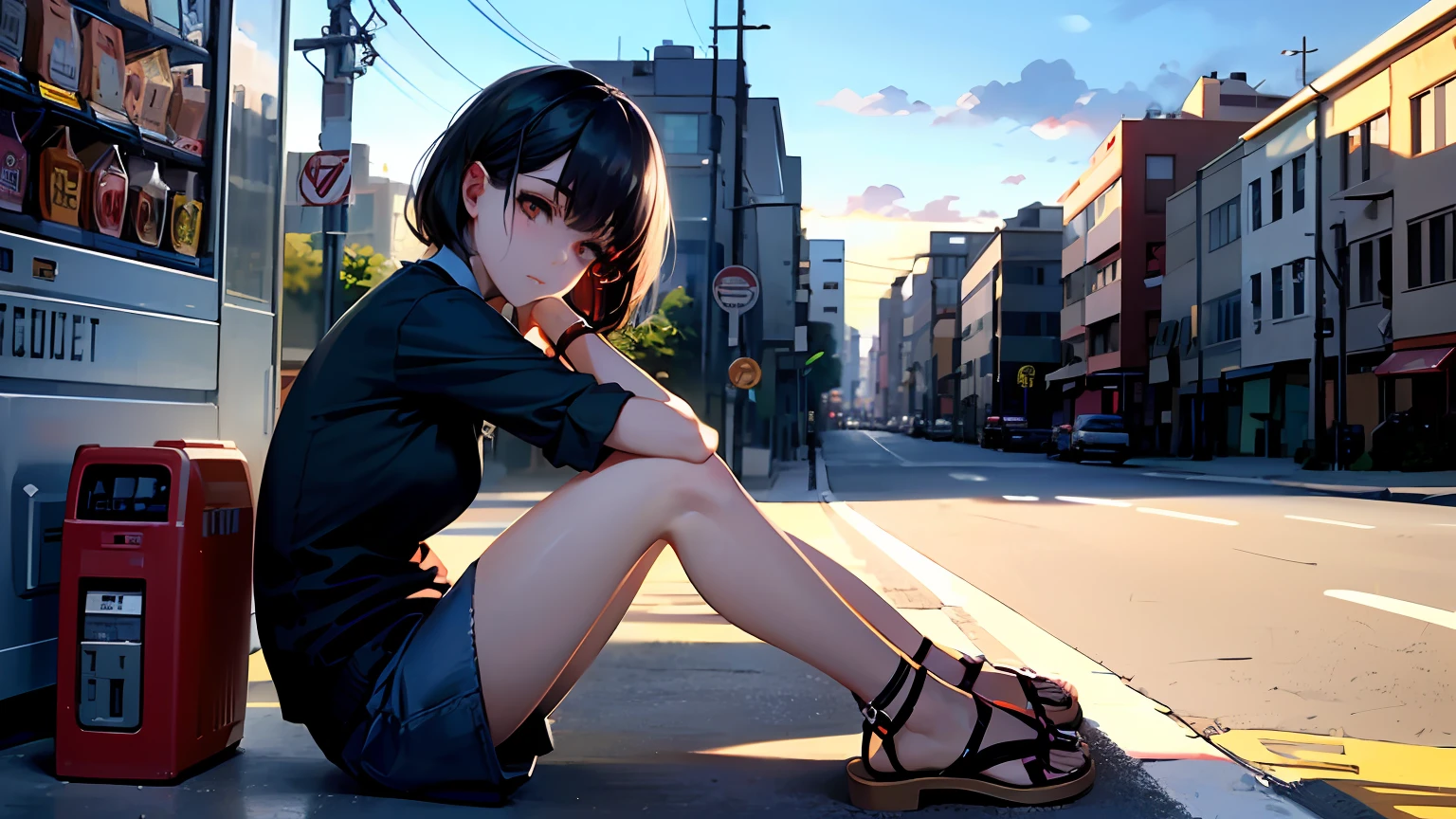 (8k、The Highest Quality、MasterPiece:1.2)、(Realstic、PHOTOREALISTIC:1.37)、ultra Detailed、1人の女の子、One Person、((Unkempt hair))、ple short hair、Bob hair、BLACK HAIR、(long face) 、breasts are small、Skinny、18歳、（（big Eyes））、Black and brown pupils、sleepy eyes、Eye bags、helpless eyes、downcast eyes、Dark areas around the eyes、 ((Under the shadow)), ((Leaning on the vending machine)) , ((View the ground)), (head down:0.8 )、Mouth closure、Expressionless、((Look down))、Thigh light、(Light from behind)Scruffy hands、((sandal、))、((From Side)) 、squatting to、((Knees in front of the chest:1.2))、Canned beverages(jr)、Close your knees、Vending Machine Background、out door、Grand((Red Vending Machine))、Red Vending Machine、(Residential area housing details:1.3) )behind、、(detailed beautiful sky:1.5)、(yun:1.4)、(Uphill alley behind:1.2)、((Roadland))、Close the lens、Traffic sign、Motorcycle、Bicycle、