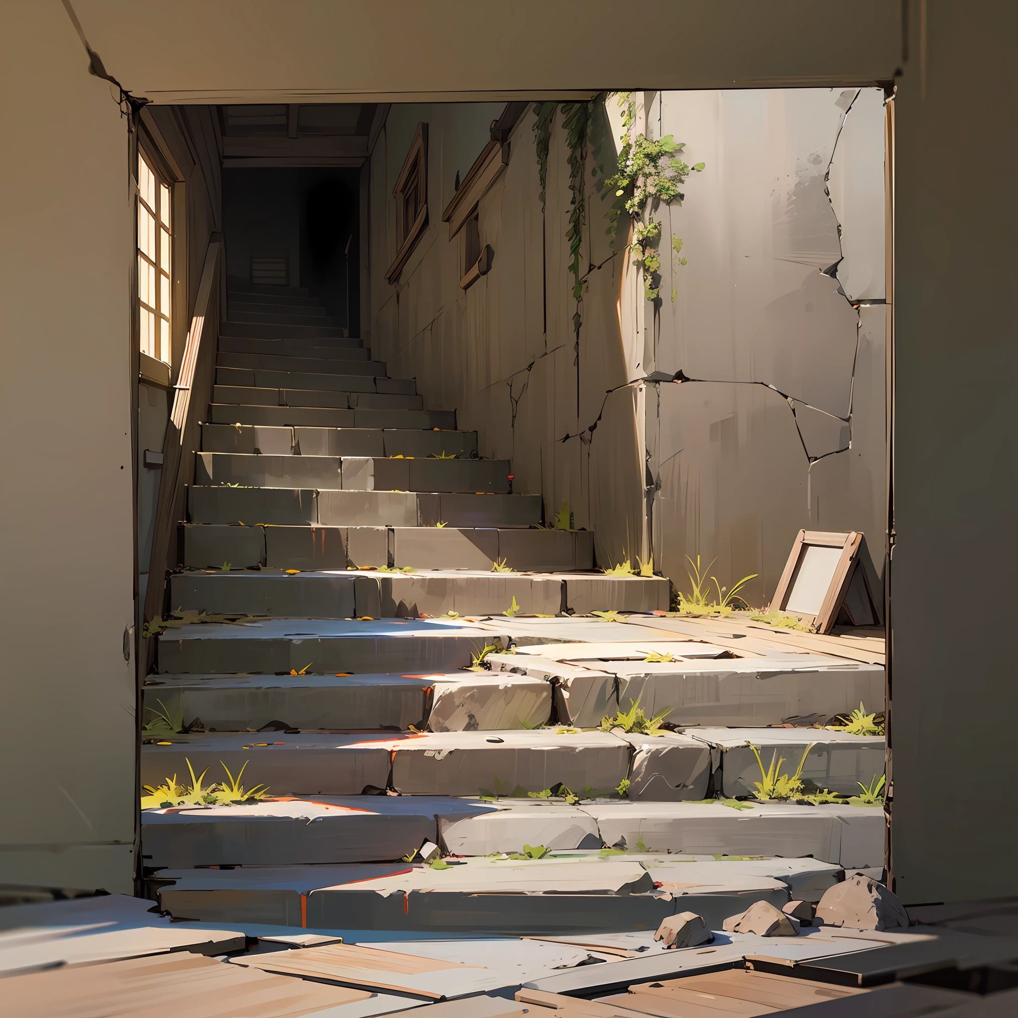Computer visualized graphics, realistic fentezi, Extensive landscape ultra photography (general view, which shows the stone steps in the basement, in the house, descending to a small stone platform, Broken wooden railings, At the bottom is a small stone bowl), blurred background, grim, yellow, orange, purple background, pink, warm, magic, “Hyper-realistic textures," “Precise details," “Realistic still life," “Realistic portraits," “Realistic landscapes." --auto --s2