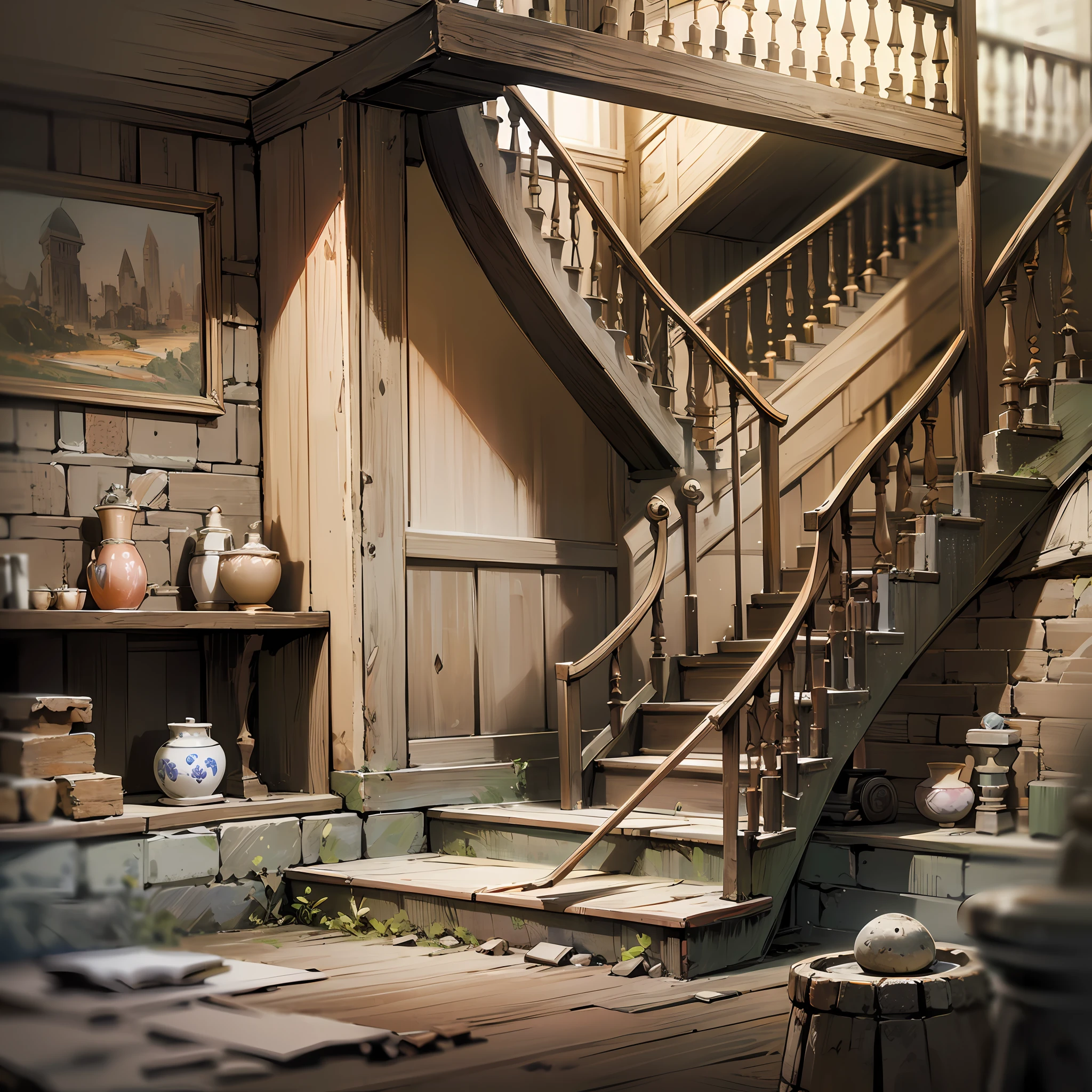 Computer visualized graphics, realistic fentezi, Extensive landscape ultra photography (general view, which shows the stone steps in the basement, in the house, descending to a small stone platform, Broken wooden railings, At the bottom is a small stone bowl), blurred background, grim, yellow, orange, purple background, pink, warm, magic, “Hyper-realistic textures," “Precise details," “Realistic still life," “Realistic portraits," “Realistic landscapes." --auto --s2
