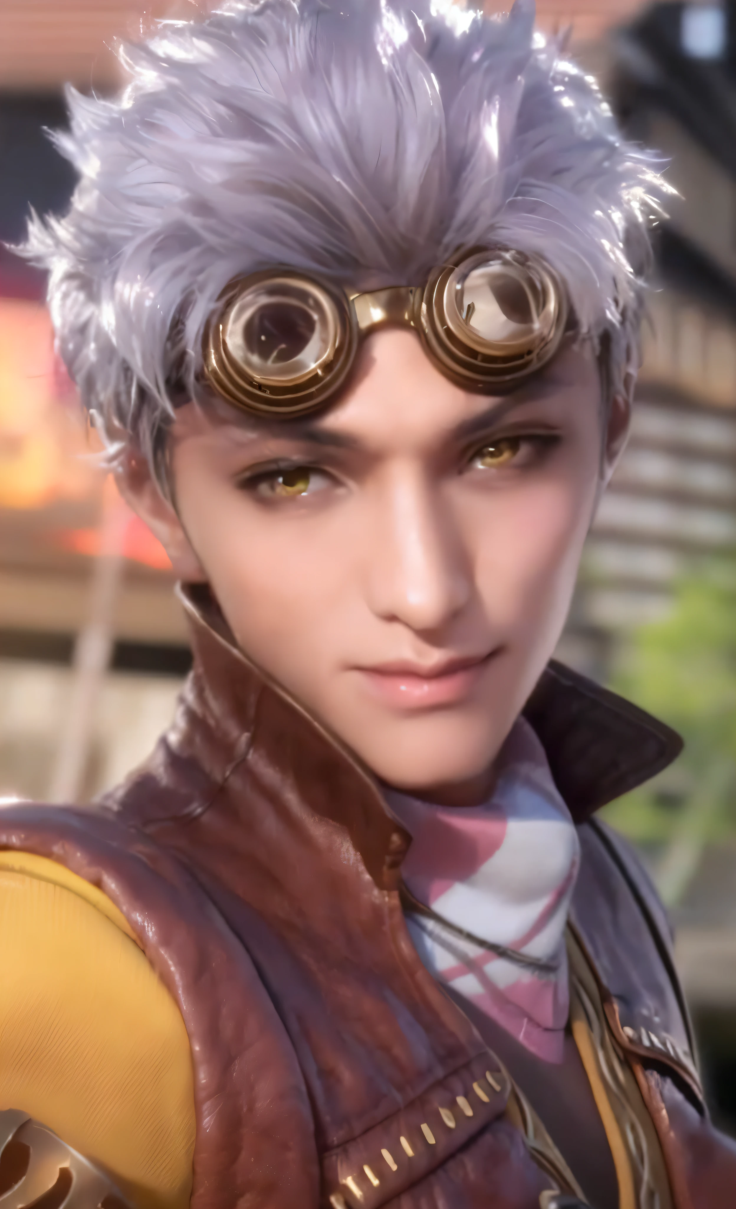 a close up of a person wearing a leather jacket and goggles, akihiko yoshida. UNREAL ENGINE, character close up, character close-up, Sherkred Waters, portrait of thancred, As《iron fist》role, Sakimichan, close up character, monkey king, thancred waters in style of wlop,((handsome face)),((Exquisite Facial Features)),