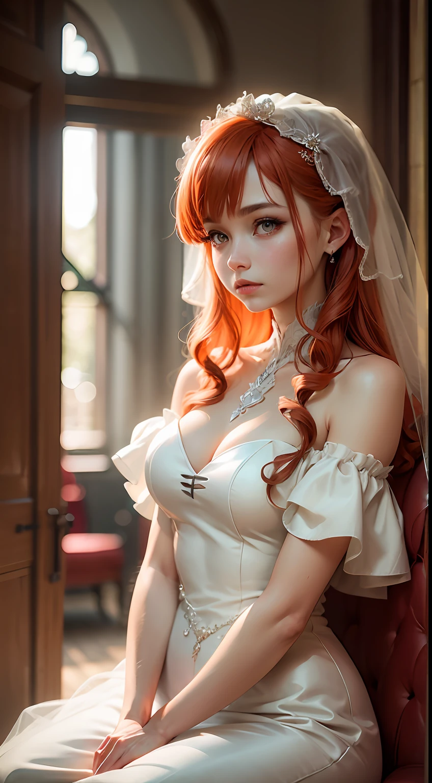 (redhead hair,wedding gown,sitting,)Best Picture Quality,cinematic grade,Super level,(normal hand,1.2)softlight,Ambient lighting,Pixiv trend,Best image quality,More details,extra high resolution,Ambient lighting, --auto --s2