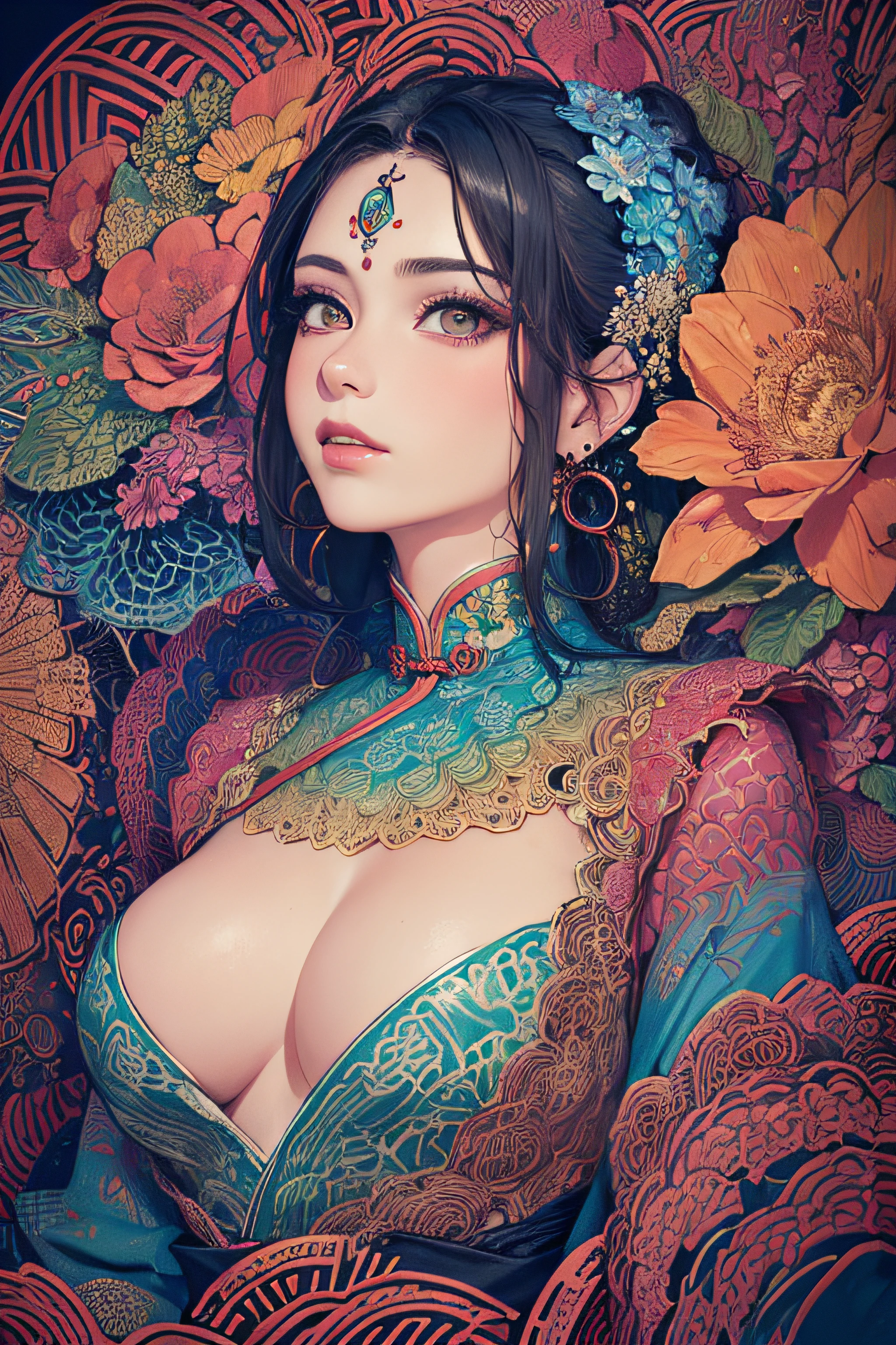 (masterpiece, top quality, best quality, official art, beautiful and aesthetic:1.2), (1girl:1.3), extremely detailed,(fractal art:1.1),(colorful:1.1)(flowers:1.3),highest detailed,(zentangle:1.2), (dynamic pose), (abstract background:1.3), (chinese Traditional cloth:1.2), (shiny skin), (many colors:1.4), ,(earrings:1.4),