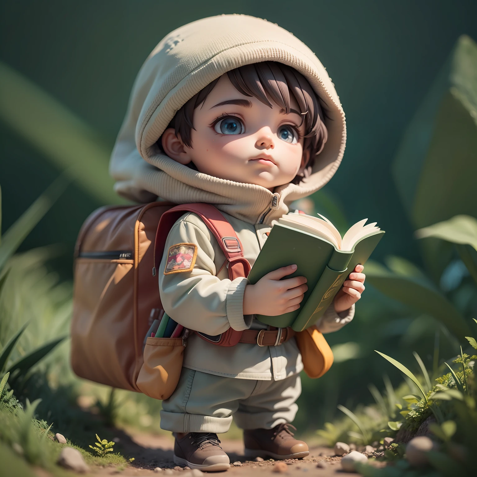 A boy in a mountain suit, Carrying a hiking bag, Holding a book in his hand, cinematic lighting, blind box toy style, UHD, super detail, award winning, 16k, best quality, high details, textured skin, masterpiece, ccurate, high quality, highres