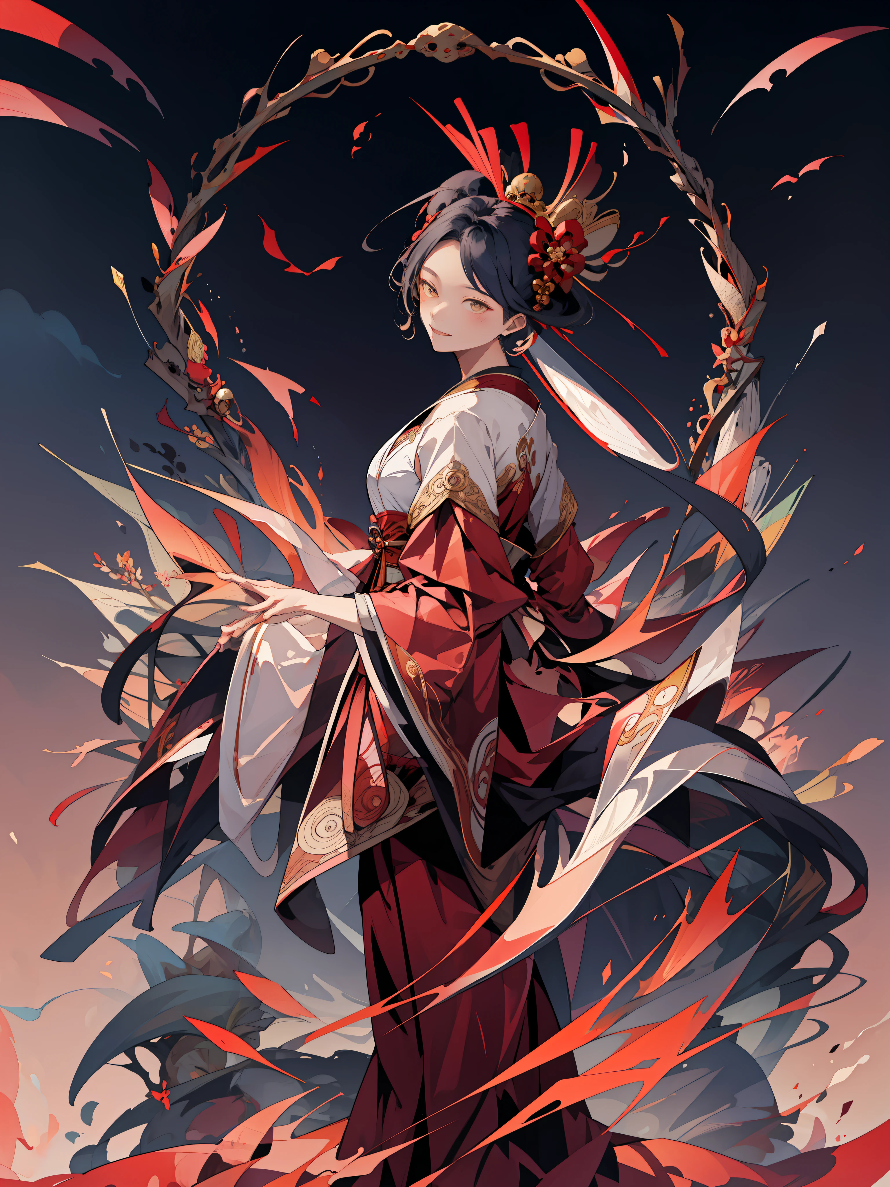 Two-dimensional，anime style，Chinese wind，Anime girls wearing oriental costumes，With a cold weapon, anime goddess, a beautiful fantasy empress, onmyoji detailed art, autumnal empress, ((a beautiful fantasy empress)), beautiful and seductive anime woman, Onmyoji portrait, goddess of autumn, palace， girl in Hanfu, ancient chinese goddess, Fang Tian drew a halberd，National style and ancient style，Seductive expressions，erogenous，bust，Bend over，leaningforward，red robes，A little starry sky，