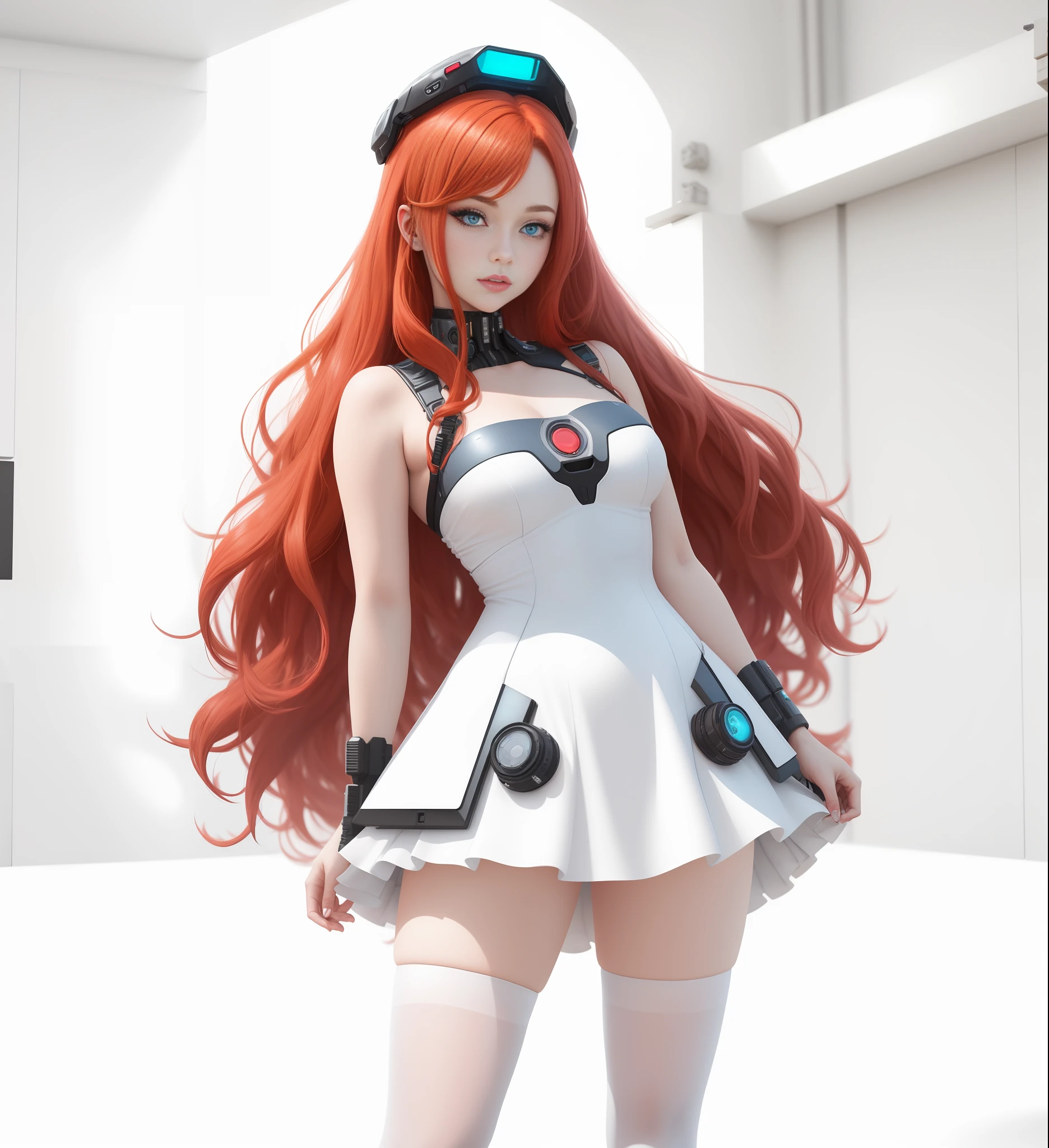 A cartoon girl with red hair and blue eyes, she has red hair and hair that grows to her thighs |fluttering hair| Wearing a blue-gray dress | (White stockings: 2) | Girl | External Mech | Red hair | Long legs | Combat | biopunk | cyberpunk | cyberpunk | Full body image | Canon M50 | 100 mm | Clear focus | Fluency | Surrealism | High detail | Intricate details --auto --s2