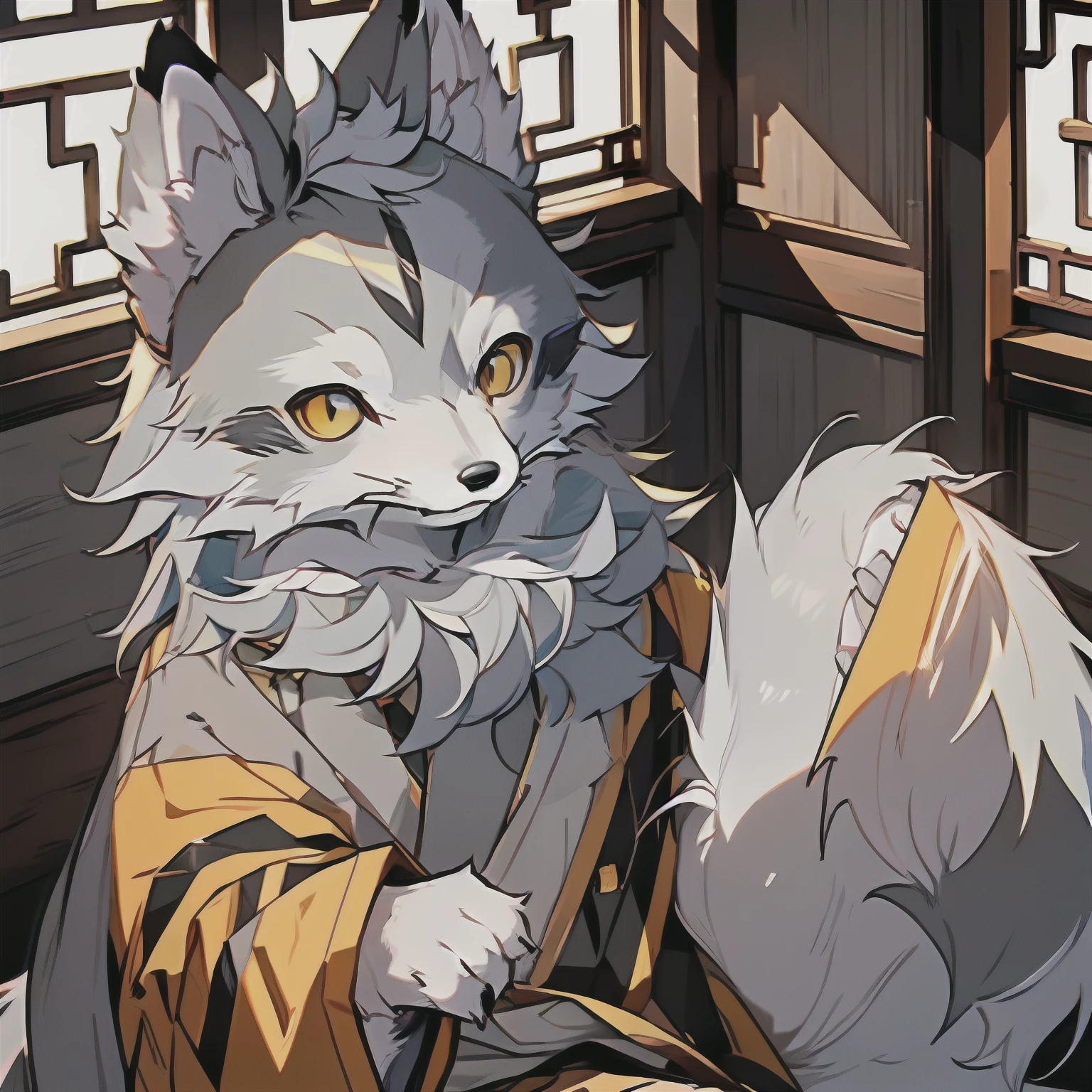 MasterPiece,High Details,Hyper Quality,HIGH RES,1080P,(((Single person))),shaggy,(Male Arctic fox:1.5),(Gray fur:1.5),(Gray skin:1.5),Gray ears,golden yellow eyes,Canine paws,(Fluffy Tail:1.2),Detailed characters,(The furry feeling of animal ears)，sharp,Wearing Chinese robes，Inside a wooden boat in ancient China，zhonggguo，Chinese style，detailedbackground，natural day light