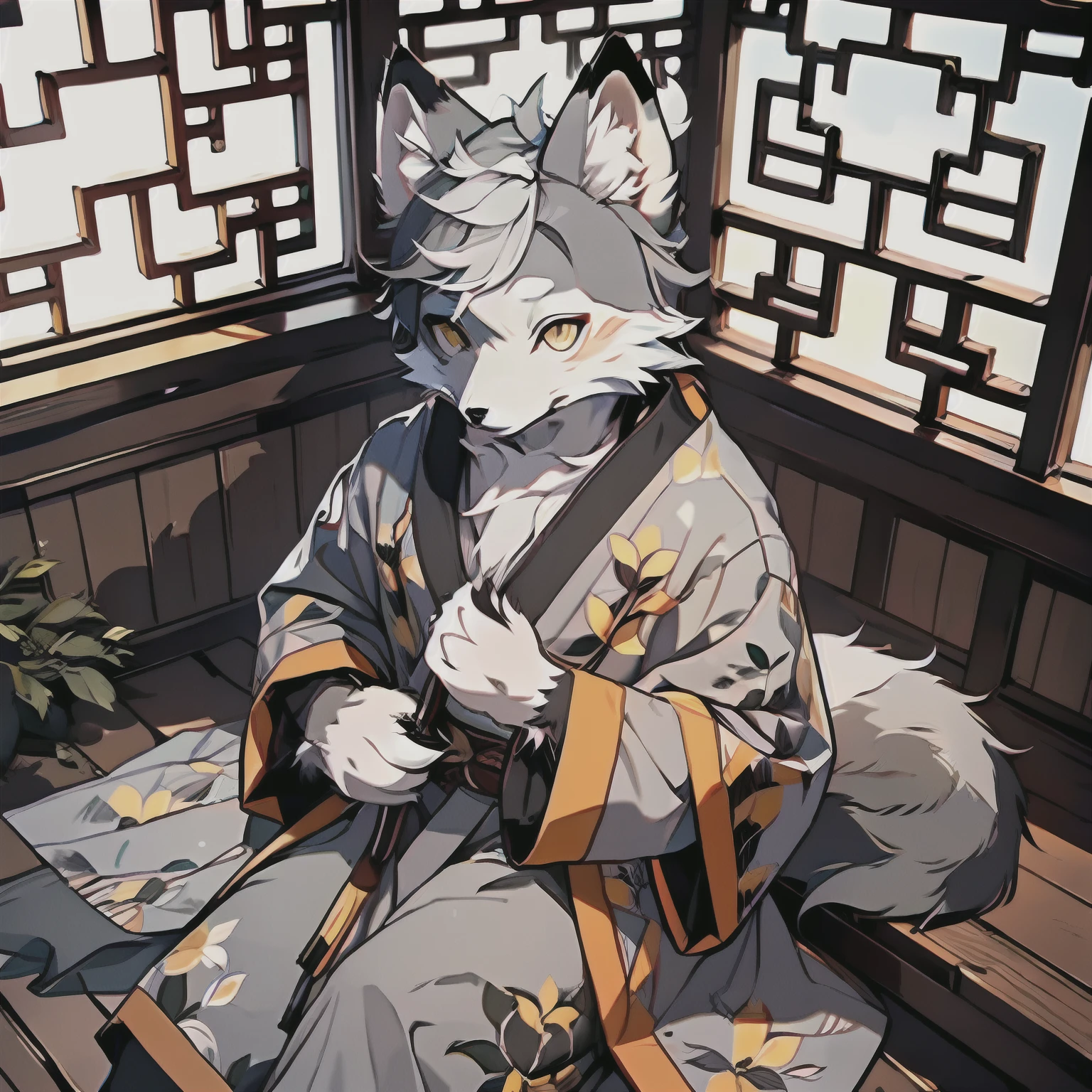 MasterPiece,High Details,Hyper Quality,HIGH RES,1080P,(((Single person))),shaggy,(Male Arctic fox:1.5),(Gray fur:1.5),(Gray skin:1.5),Gray ears,golden yellow eyes,Canine paws,(Fluffy Tail:1.2),Detailed characters,(The furry feeling of animal ears),sharp,Wearing Chinese robes,Inside a wooden boat in ancient China,zhonggguo,Chinese style,detailedbackground,natural day light