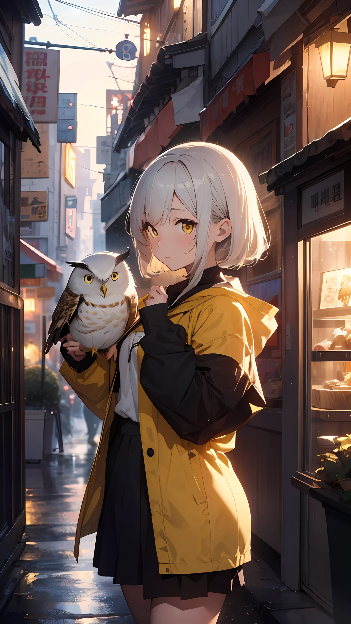 anime girl in yellow raincoat holding owl in hand, artwork in the style of guweiz, guweiz, mixture between an! owl and wolf, by Yang J, with glowing yellow eyes, made with anime painter studio, trending on artstation pixiv, wlop and sakimichan, from arknights, artgerm and atey ghailan