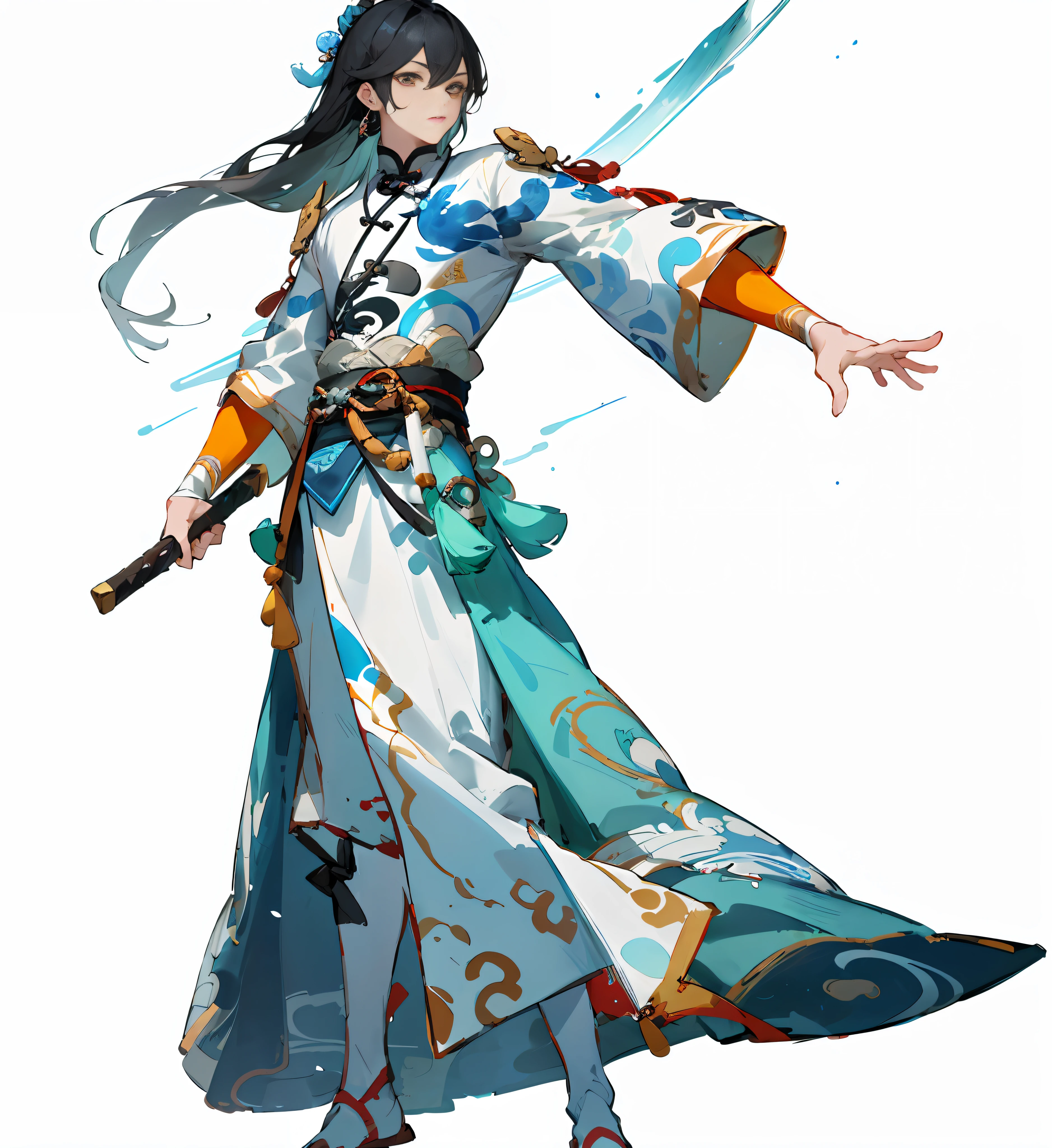 ((FULLBODY)),MasterPiece,best best quality,Painterly,Very delicate and flawless face,Delicate open eyes,Very handsome,(Detailed facial features) ,standing a,looking at the viewers,anime character dressed in a blue and white outfit holding a sword, full body xianxia, zhao yun, official character art, cultivating immortals, Bangs three or seven points,black color hair,Chinese wind,ancient wind,Shusen game standing painting,Game standing drawing