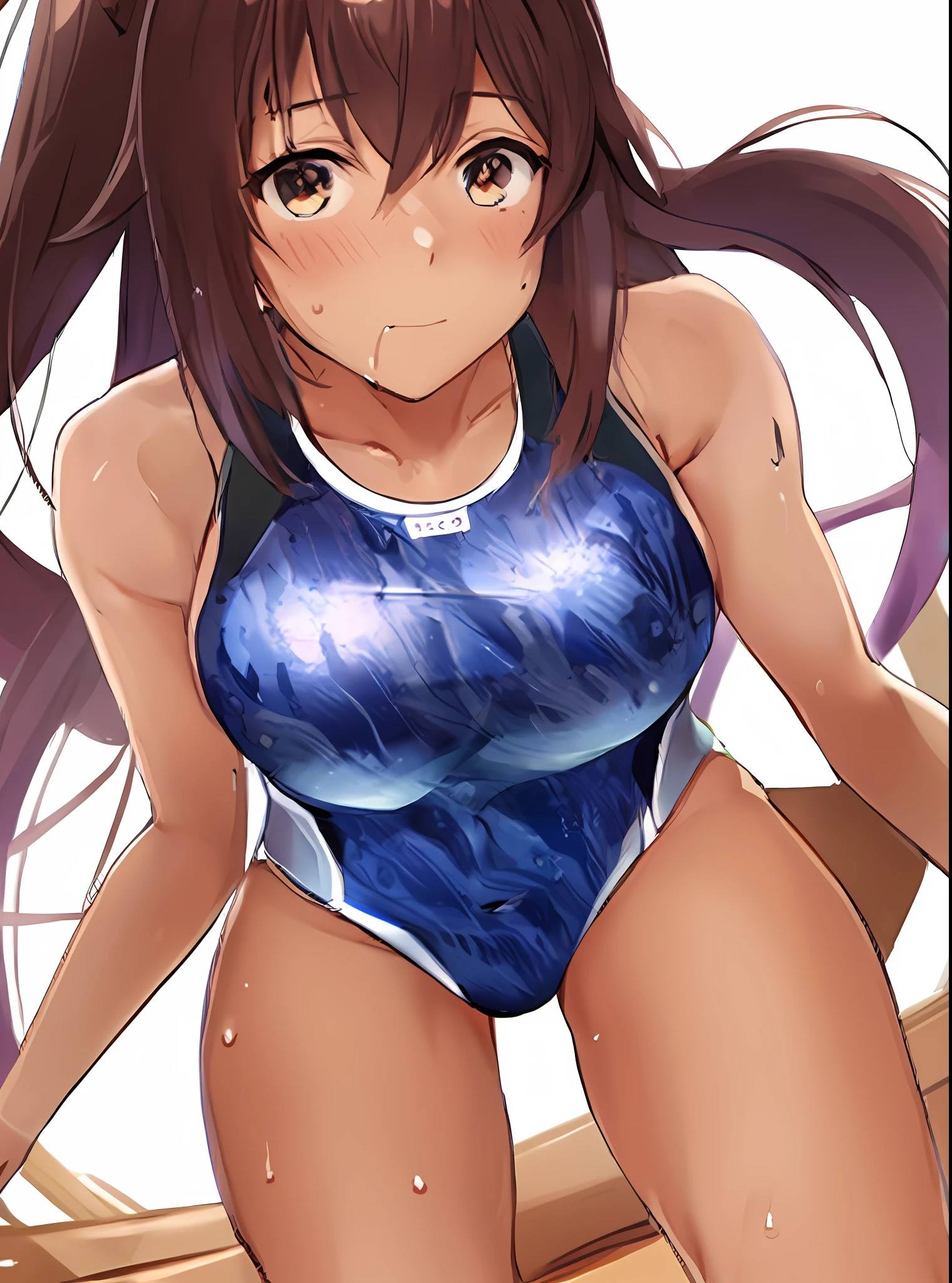 anime girl in a blue swimsuit with a long ponytail, is wearing a swimsuit, 、swimsuits, wet swimsuit, swimsuits, monokini, cute girl wearing tank suit, rin, asuka suit under clothes!, wearing leotard, Anime Moe Artstyle, hana yata, kantai collection style, sparky swimsuit, realistic bikini, biomechanical oppai,