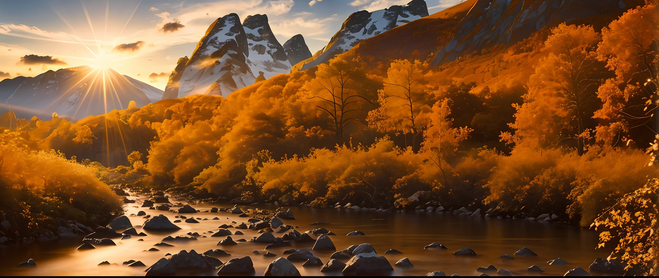 Presentation of a stunning landscape, com montanhas flutuantes e cachoeiras luminosas.