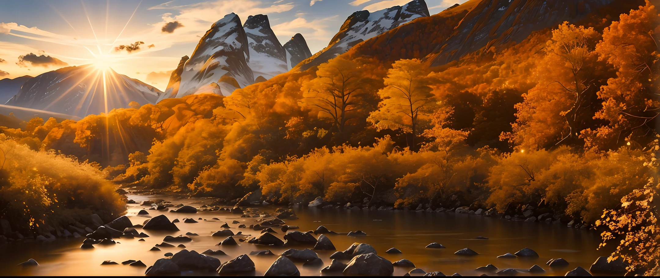 Presentation of a stunning landscape, com montanhas flutuantes e cachoeiras luminosas.
