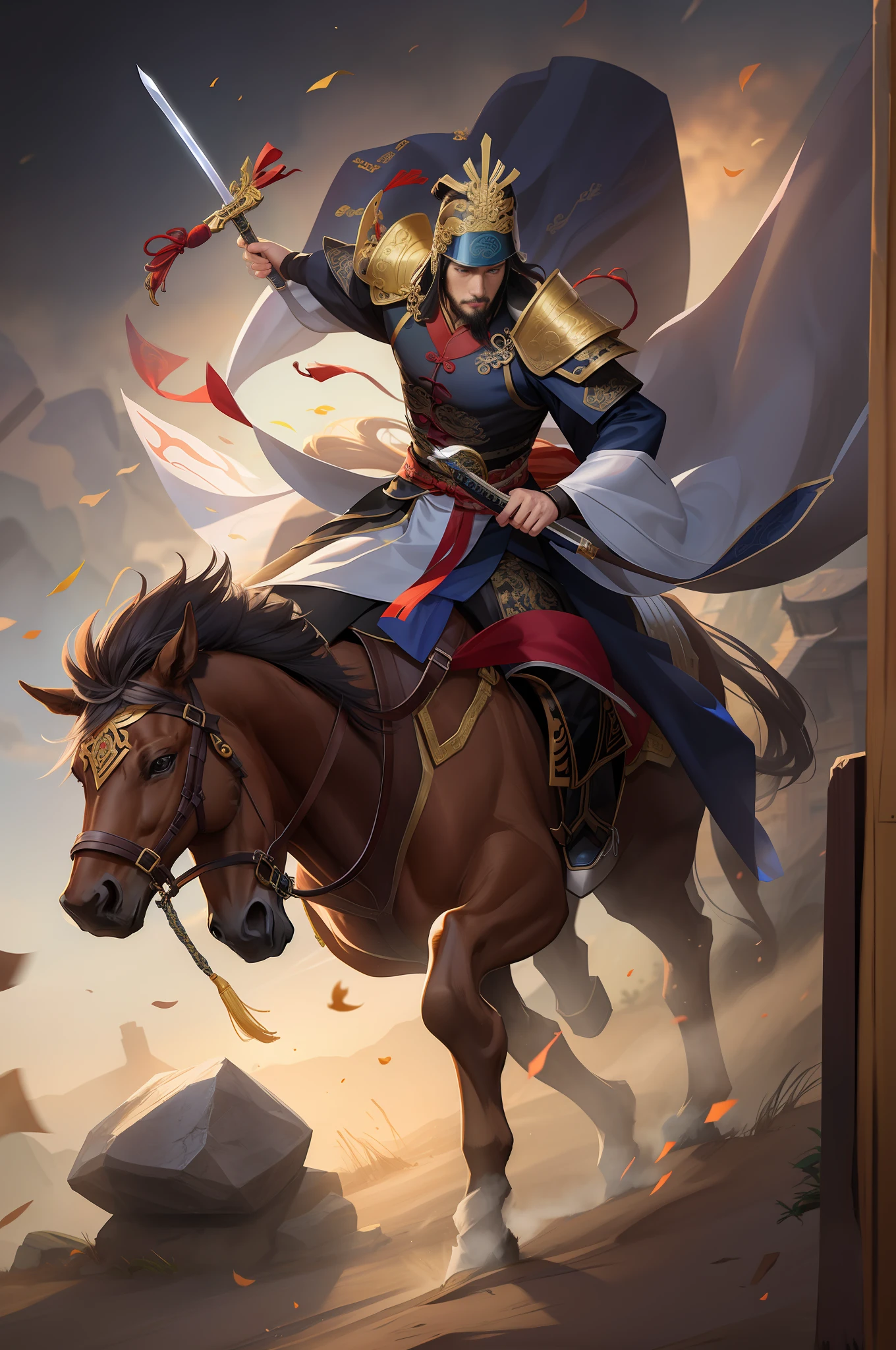There was a man on a horse,Holding a sword and, guan yu, by Yang J, zhao yun, inspired by Huang Shen, official splash art, bian lian, inspired by Li Rongjin, inspired by Huang Ding, Heise Jinyao, inspired by Hu Zaobin, by Jang Seung-eop, g liulian art style