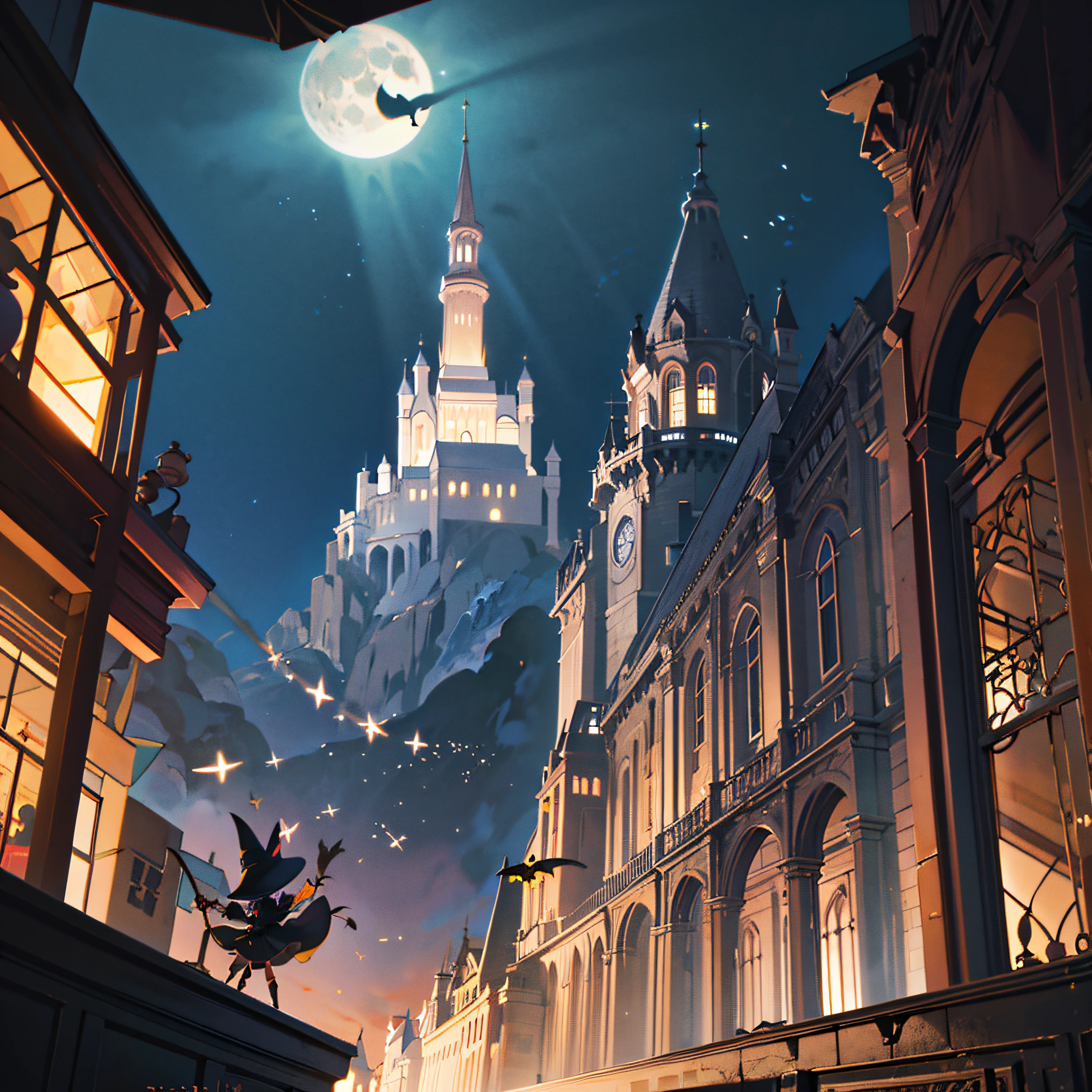 (the witch:1.2),(Outdoor Outside),castle,(MAGIC:1.1),(night,moonrays),1个女孩,(Fly in the air,Dance),(Fireflies:1.2),(Gothic windows),Dark room, book shelf, (Fantasia:1.2), (gotic:1.4)