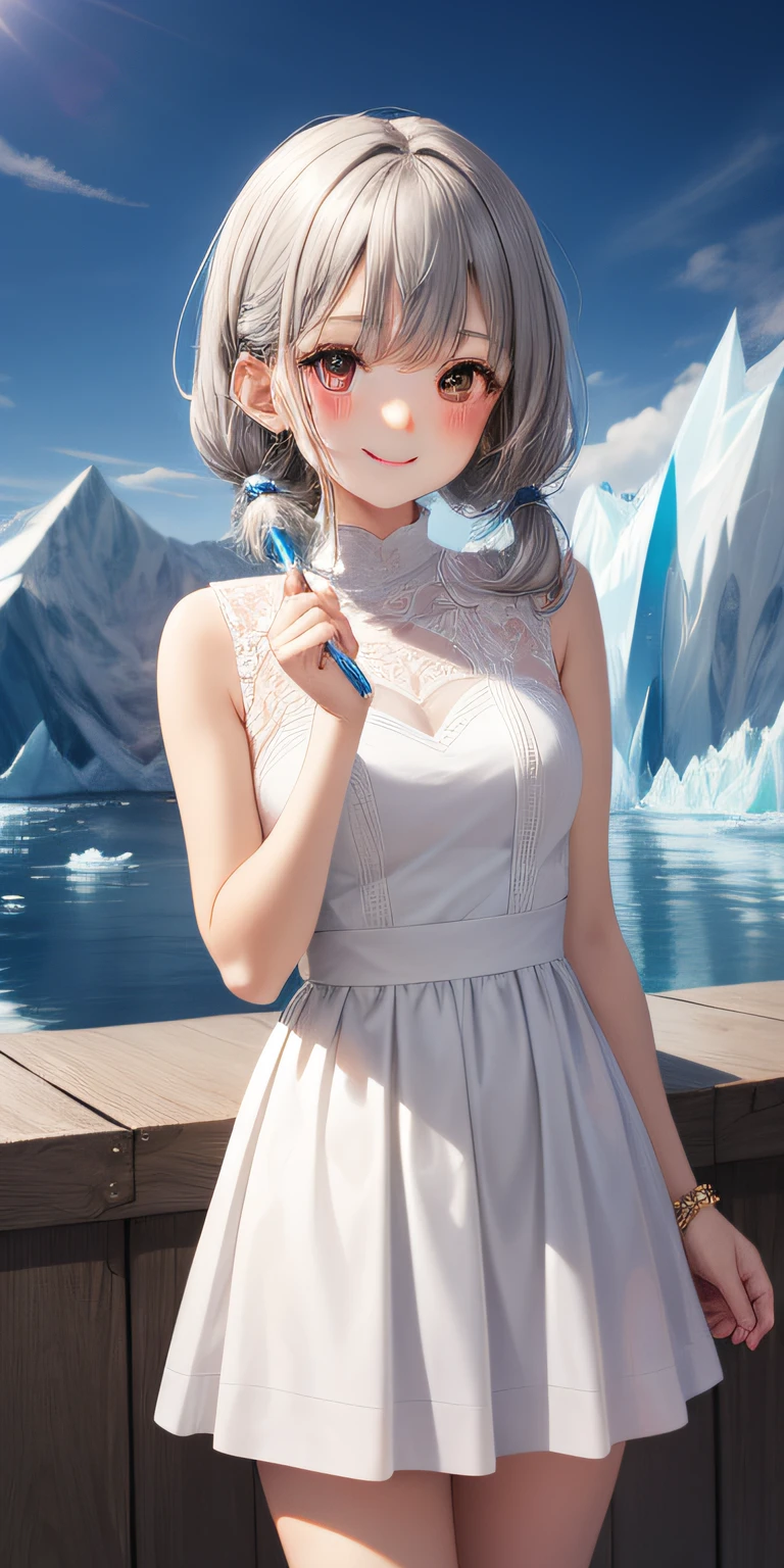 girl single, gray hair, red eyes, white dress, cute, cute, blush, little smile, glacier, icicle, icy world