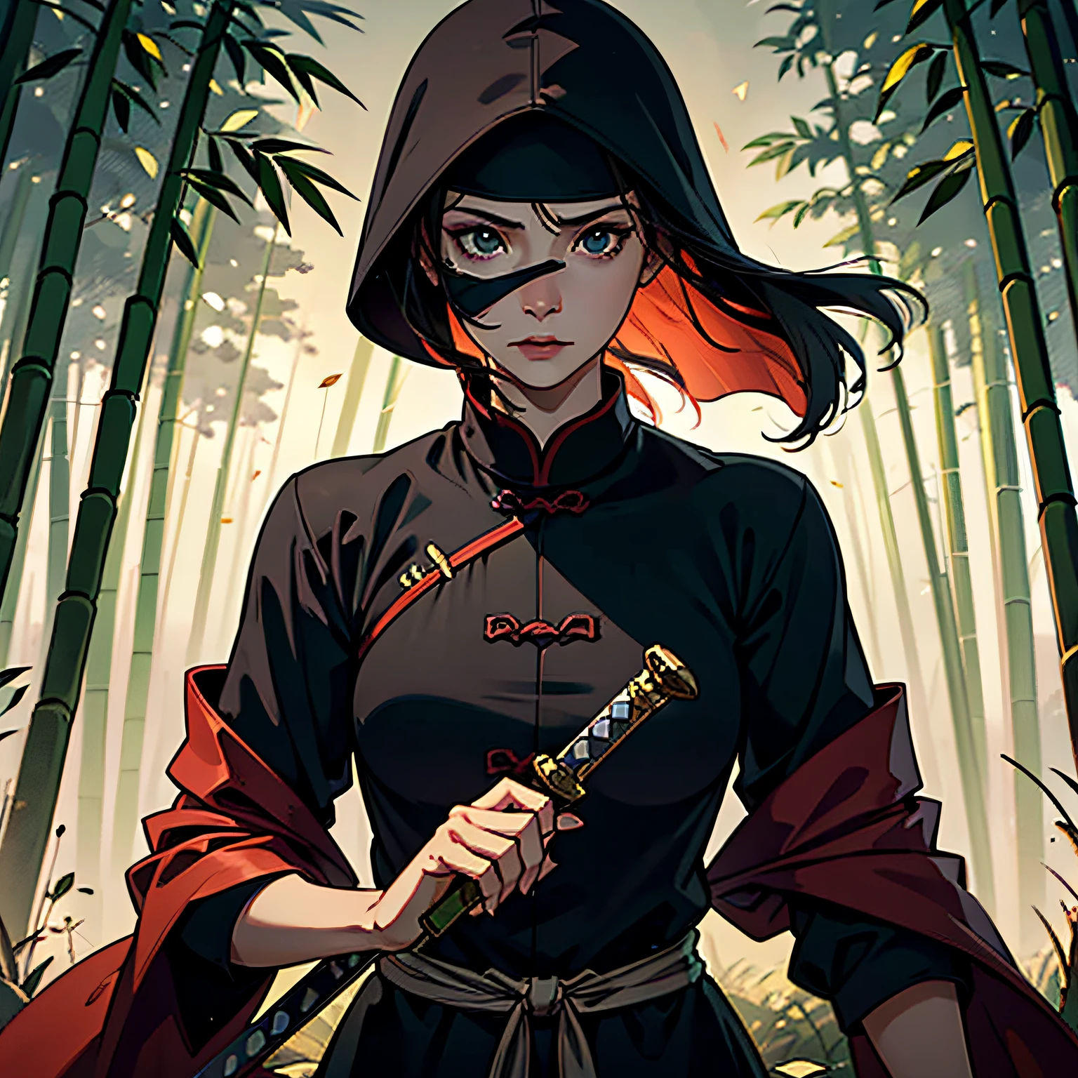 heroine, Black Clothes, bamboo forests, holding a sword, face covering, facing to camera, ancient wind, Chinese wind, cinematic lighting, masterpiece, 8k, high details --auto