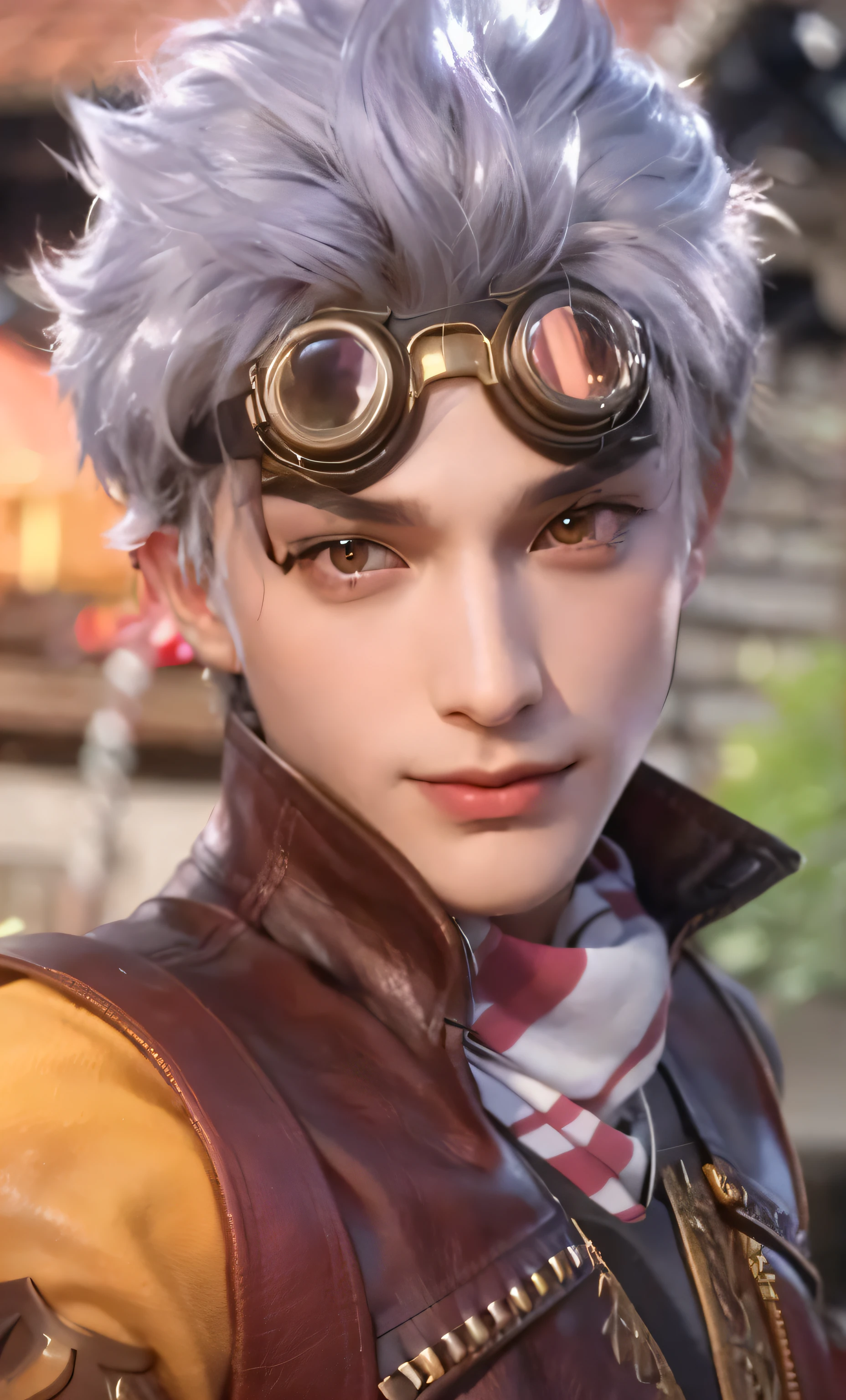 a close up of a person wearing a leather jacket and goggles, akihiko yoshida. UNREAL ENGINE, character close up, character close-up, close up character, monkey king, （（handsome face）），（（Exquisite Facial Features）），（（Superb handsome guy））