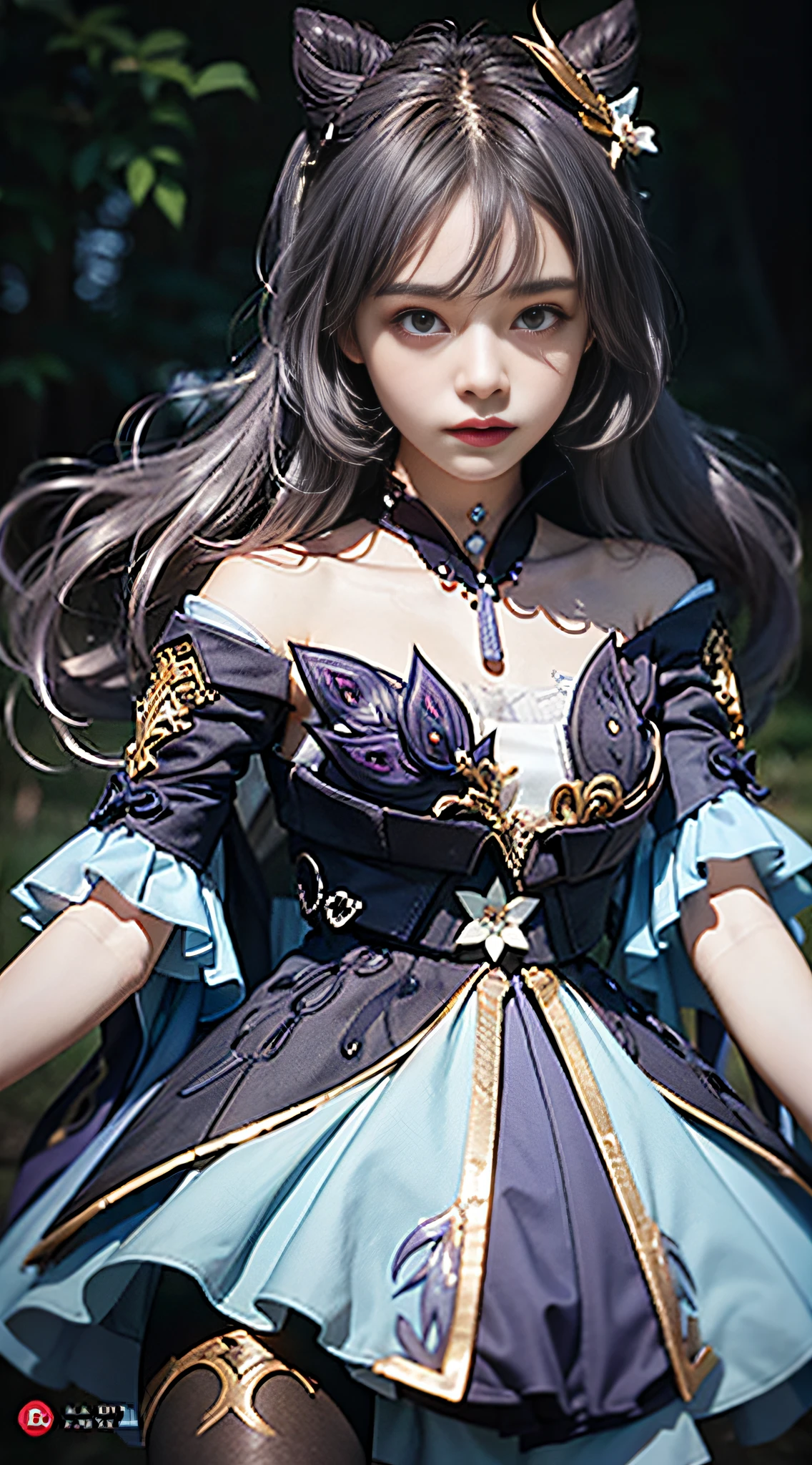 Masterpiece, best quality, detail, depth of field, ultra-realistic, realistic face and eyes, realistic skin texture, cinematic lighting, ulzzang-6500, Tyndall effect, (see the audience), eyes look at the audience. 1 girl, solo, (frown, closed mouth), keqing_ \(genshin_impact\), purple_eyes, purple hair, double tail, sharp eyes, serious face, gloves, outdoors, purple lightning, feleg, half
