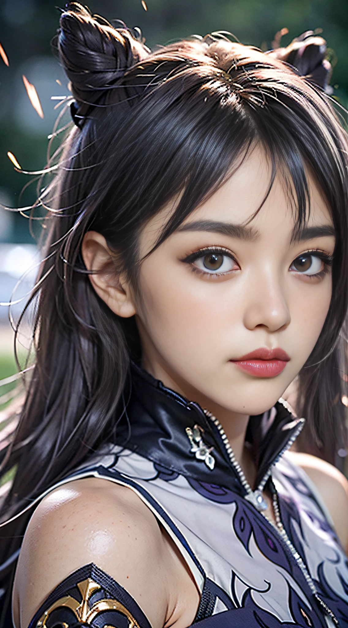 Masterpiece, best quality, detail, depth of field, ultra-realistic, realistic face and eyes, realistic skin texture, cinematic lighting, ulzzang-6500, Tyndall effect, (see the audience), eyes look at the audience. 1 girl, solo, (frown, closed mouth), keqing_ \(genshin_impact\), purple_eyes, purple hair, double tail, sharp eyes, serious face, gloves, outdoors, purple lightning, feleg, half