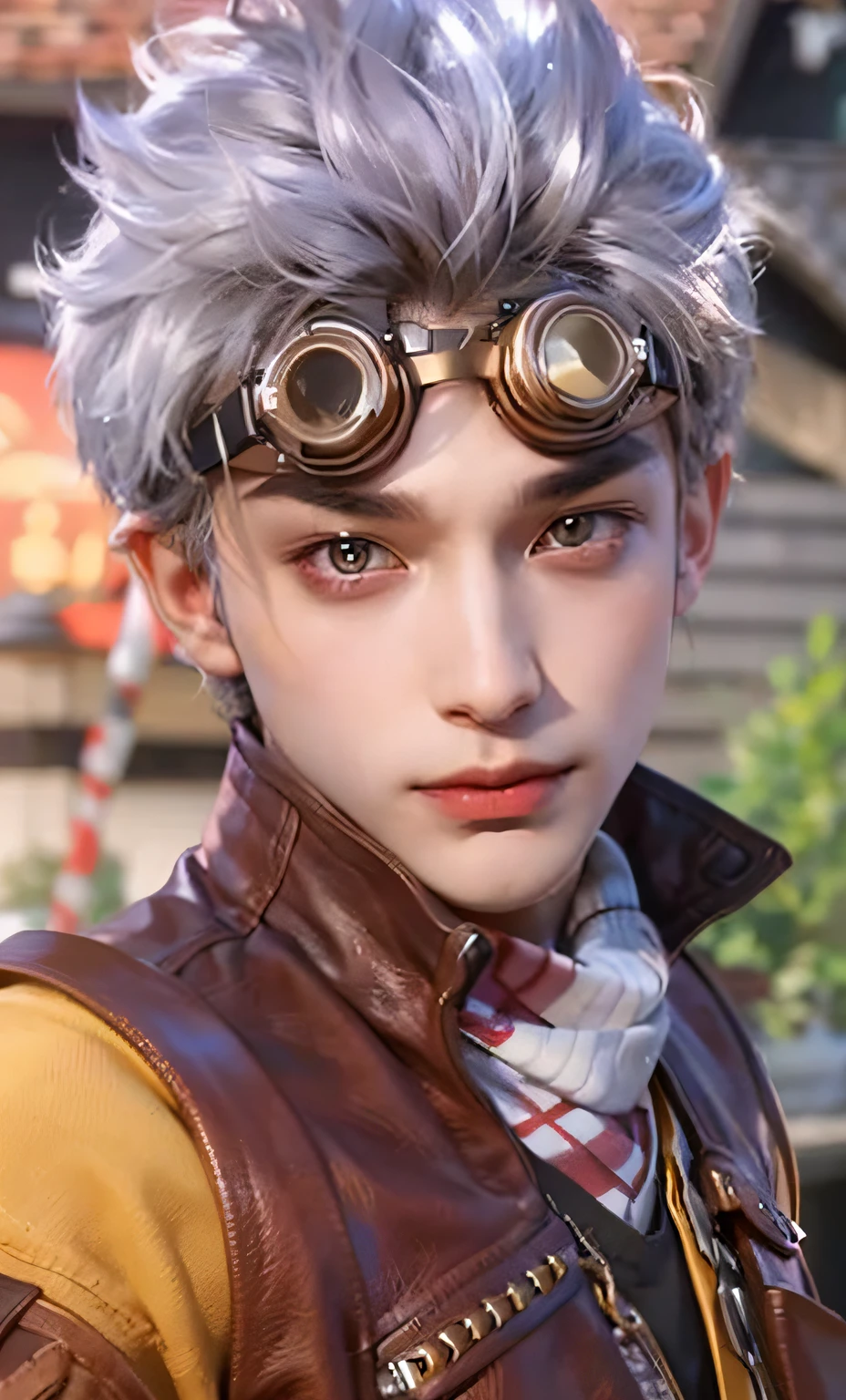 a close up of a person wearing a leather jacket and goggles, akihiko yoshida. UNREAL ENGINE, character close up, character close-up, close up character,, ((handsome face)),((Exquisite Facial Features)),((Superb handsome guy))
