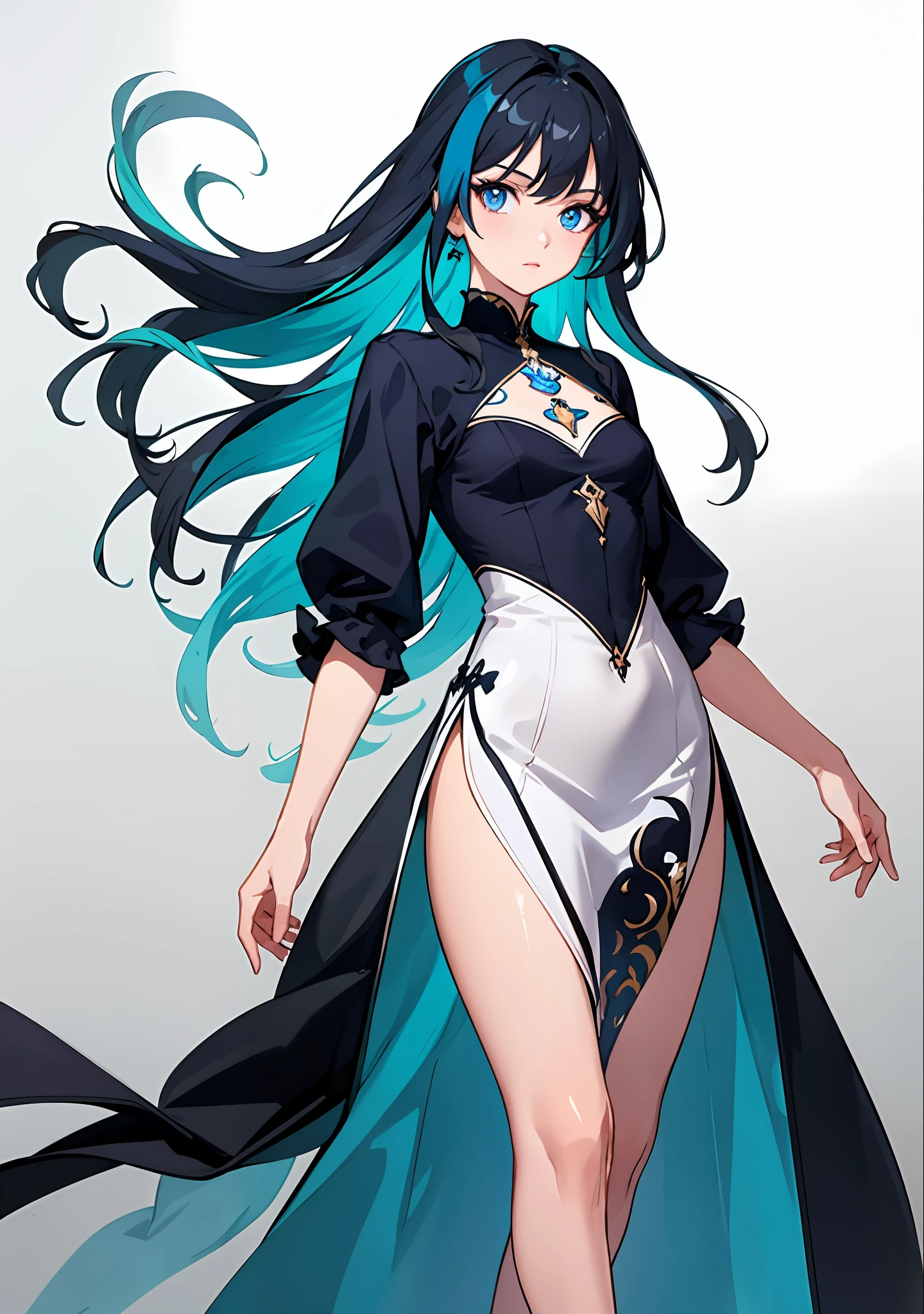 (masterpiece), (best quality), (ultra detailed),(disheveled hair),(illustration), (1girl), (Fashionable clothing), standing, Fashion model, looking at viewer, (interview), (simple background),beautiful detailed eyes, delicate beautiful face, Floating,(high saturation),(colorful splashes),colorful bubble,(shining), focus on face, dark blue eyes, blue hair, long hair, magician, standing, looking at viewer, cropped leg, long dress, cropped leg