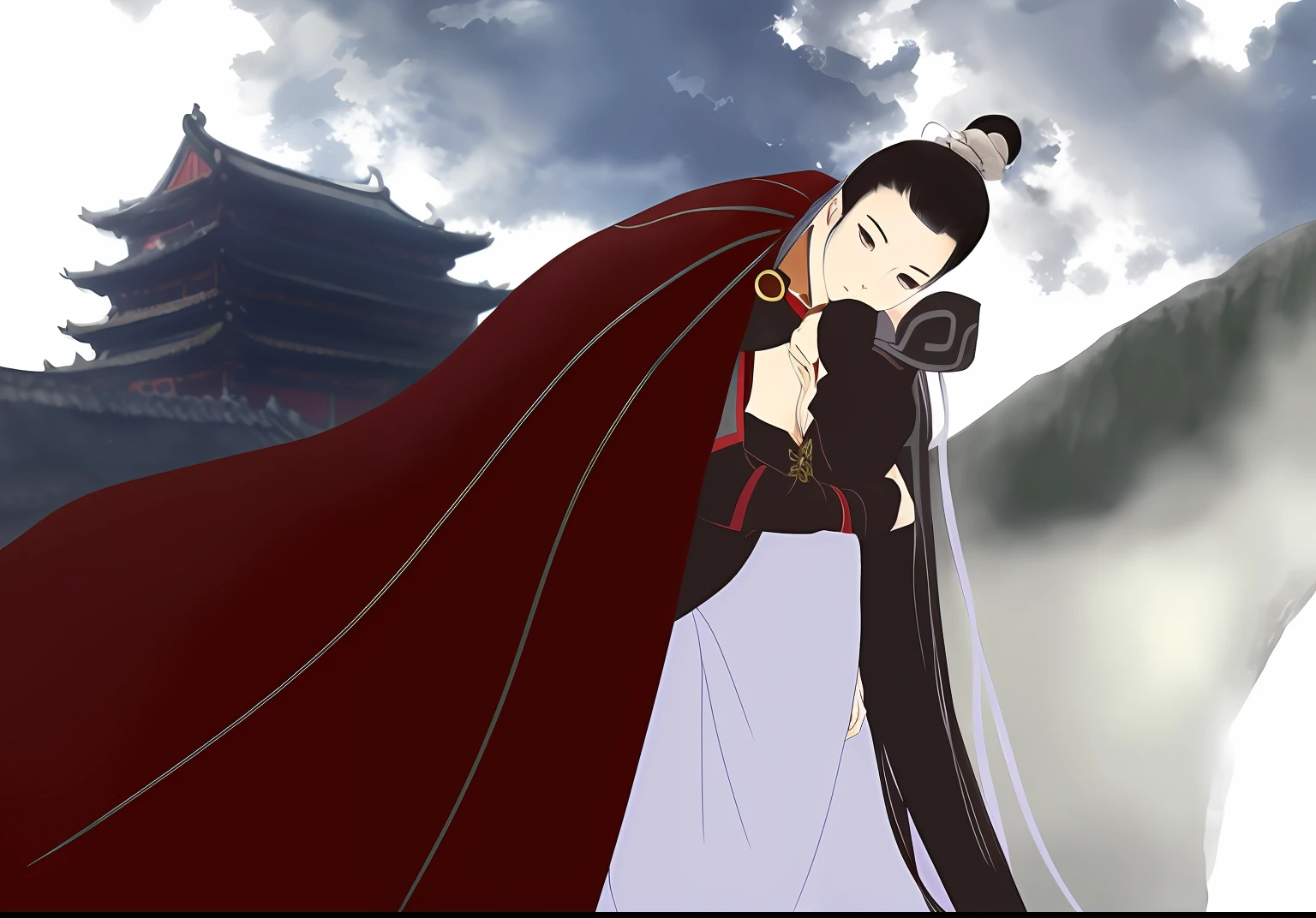 anime character with long black hair and red cape standing in front of a castle, inspired by Chen Jiru, inspired by Lü Ji, inspired by Yun Du-seo, palace ， girl in Hanfu, inspired by Zhu Derun, inspired by Li Mei-shu, inspired by Ju Lian, inspired by Guan Daosheng, inspired by Wang Lü