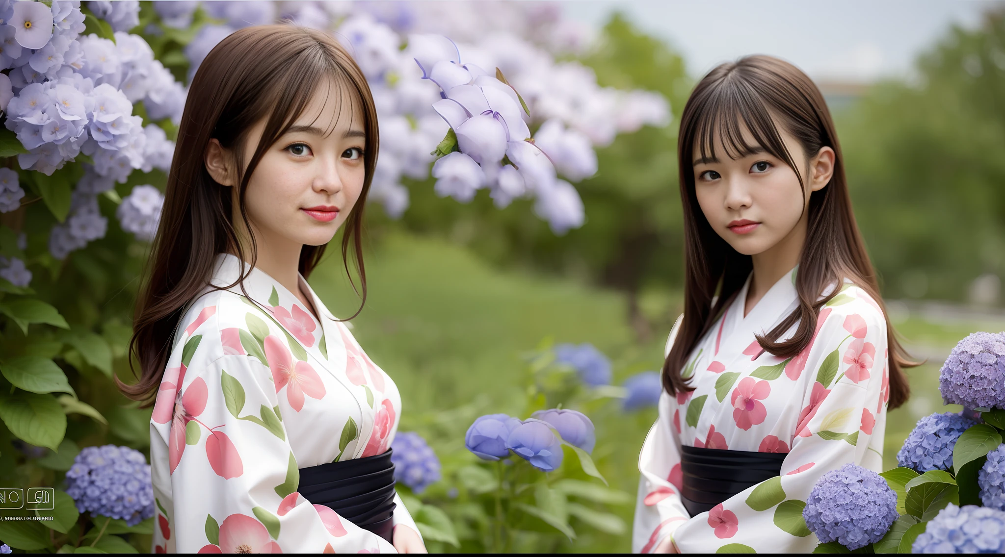 ((MasterPiece)), ((The Highest Quality)), ((Perfect lighting)), An illustration, Perfectly drawn eyes, DETAILED EYES, 8K, official wallpaper,
standing a、Cowboyshot、Side View、looking far away、Looking away、simple Backgrounds、
((1女の子)), solo, cuddly, 20歳, Black long straight hair, BROWN EYES, Middle chest, sad,,
Morning glory print on white and pink yukata、Hydrangeas are blooming on the promenade of the park、Live action、smilling face