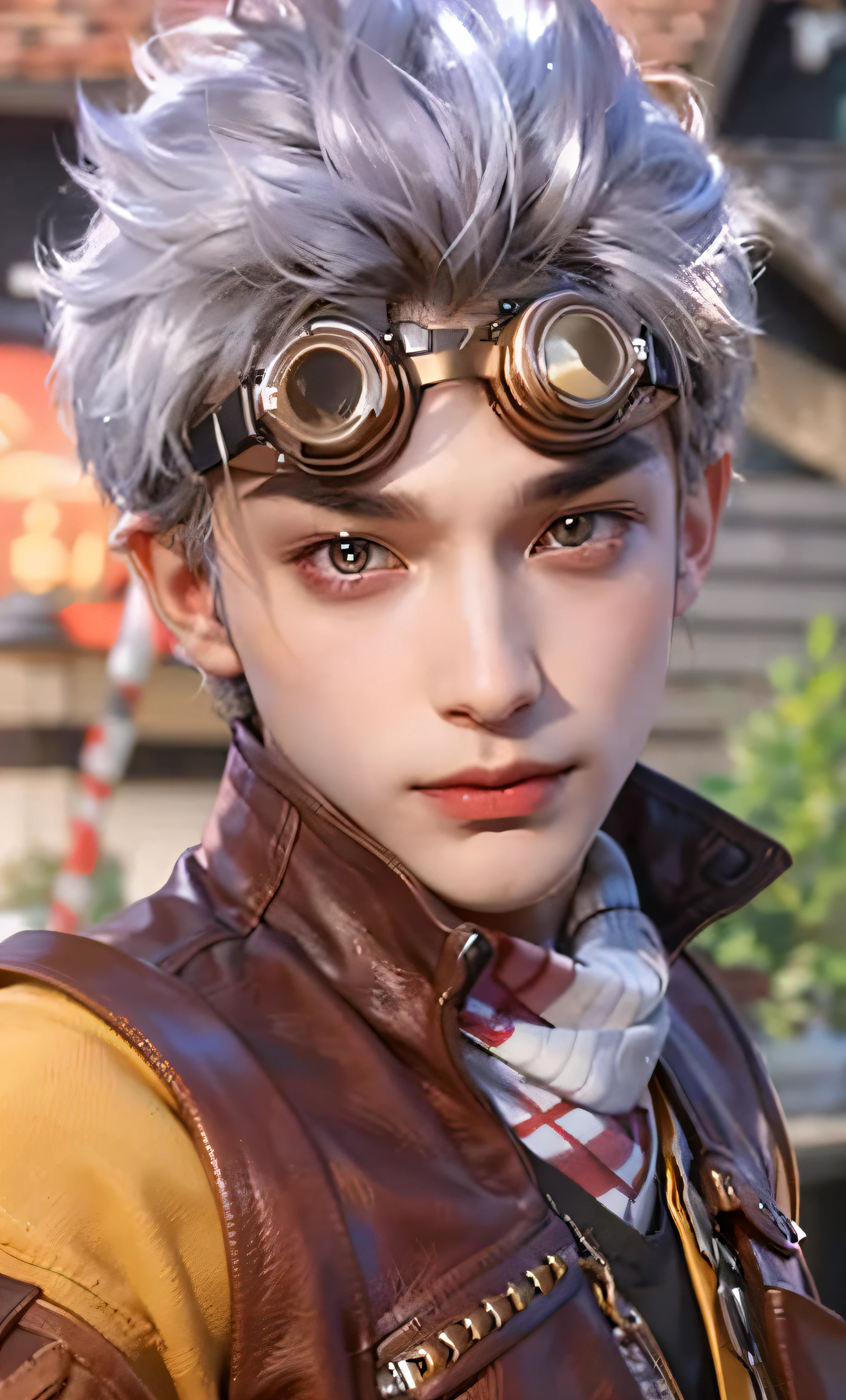 a close up of a person wearing a leather jacket and goggles, akihiko yoshida. UNREAL ENGINE, character close up, character close-up, close up character,, ((handsome face)),((Exquisite Facial Features)),((Superb handsome guy))