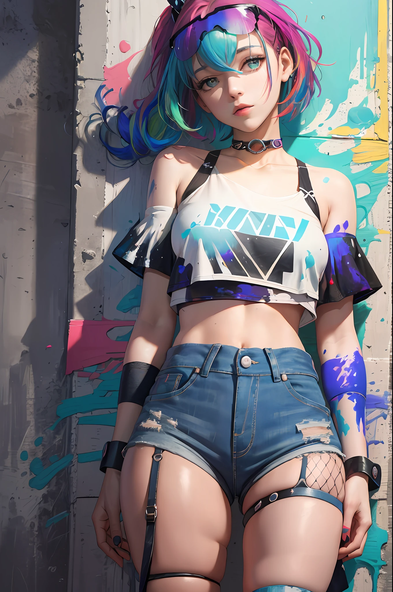 MasterPiece， the best quality t，PhotoRealistic， 1女孩， solo， crop tops， denim shorts pants， Choker， （Grafiti：1.5）， Paint Splash， Behind the arm， Against the Wall， looking at the viewers， Armlet， thigh straps， Paint on the body， Head Tilt， bored， Multicolored hair， Aqua eyes